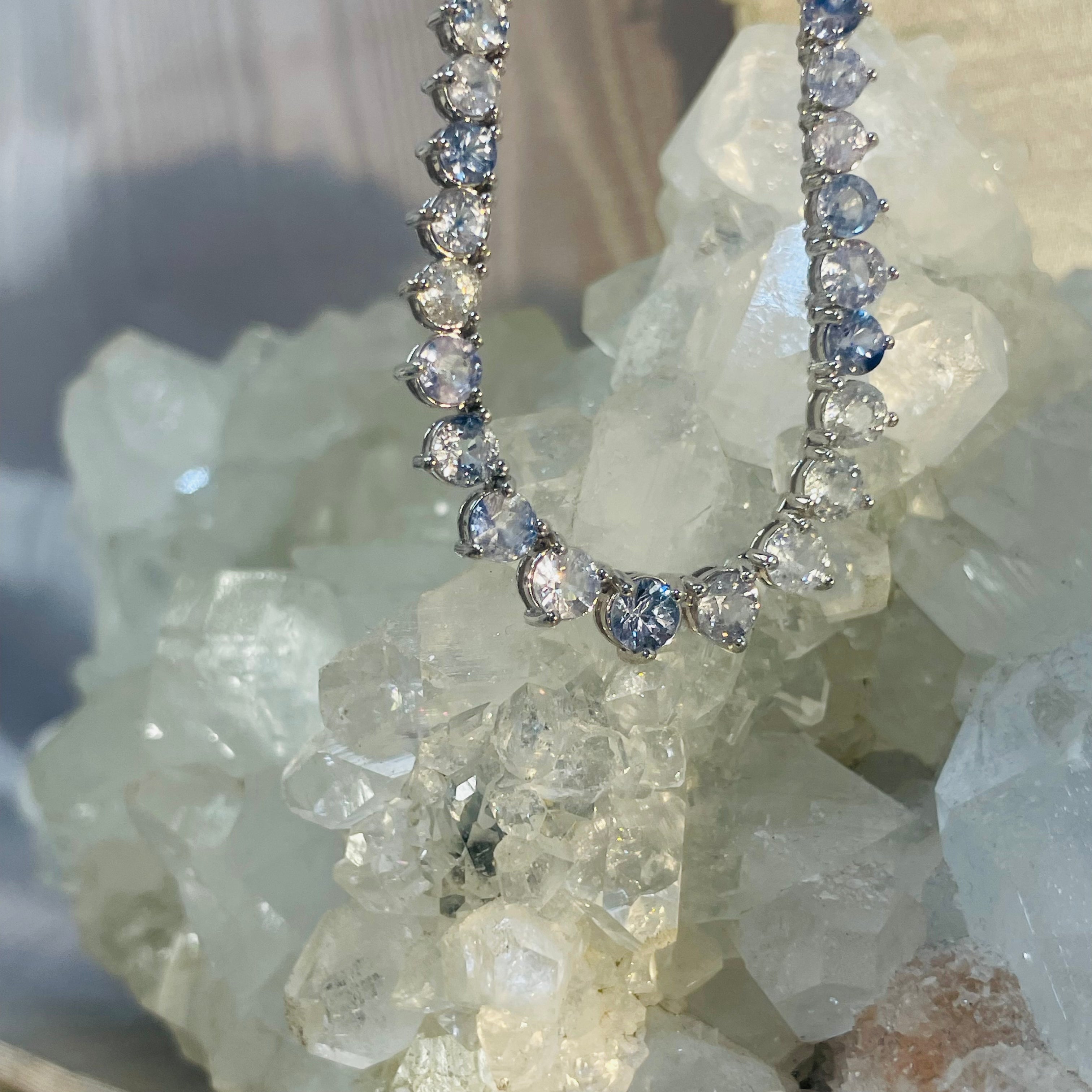 20.3CT Natural Sapphire Riviera Tennis Necklace 14K White Gold 18”