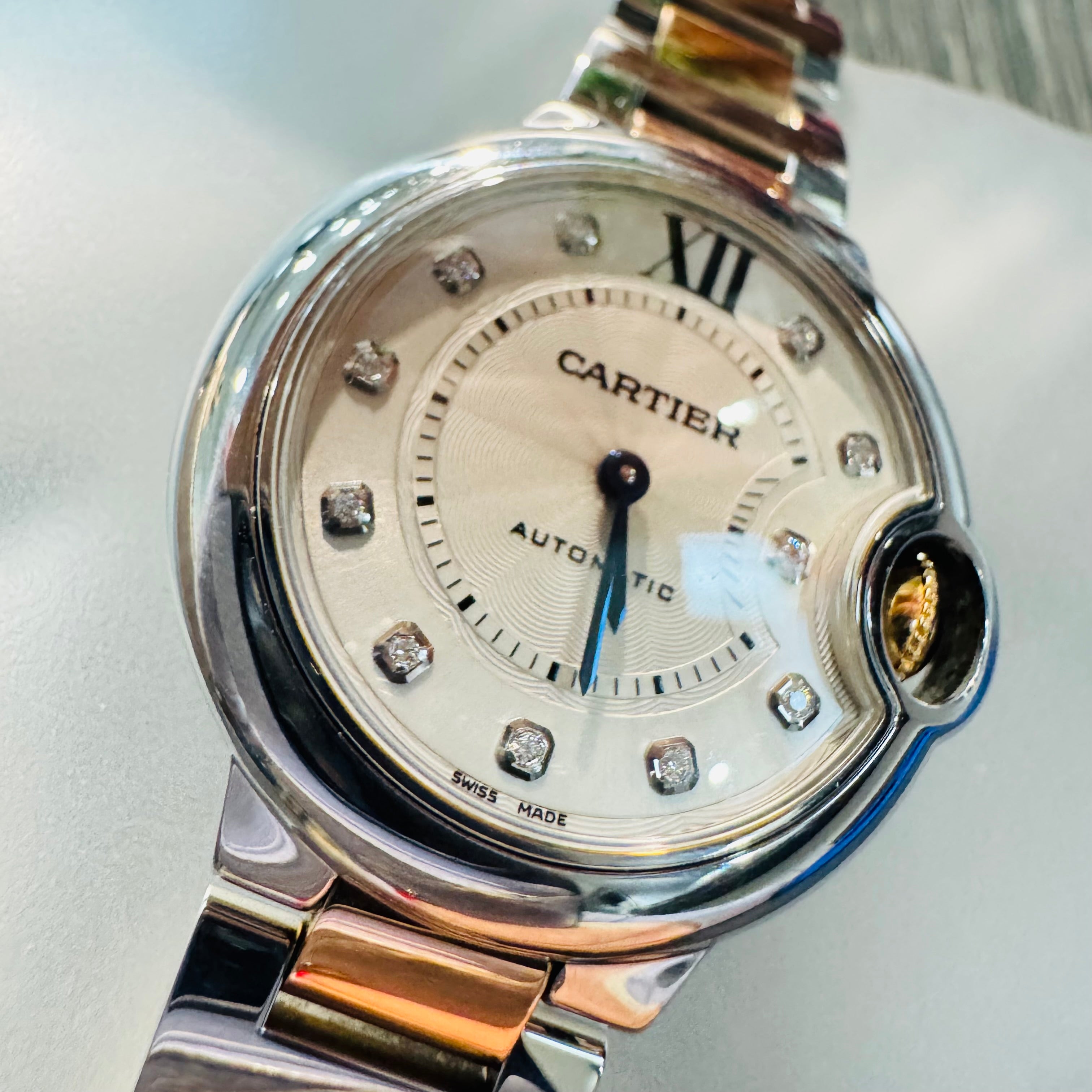 Cartier 33mm Rose Gold And Stainless Steel Diamond Ballon Bleu Watch