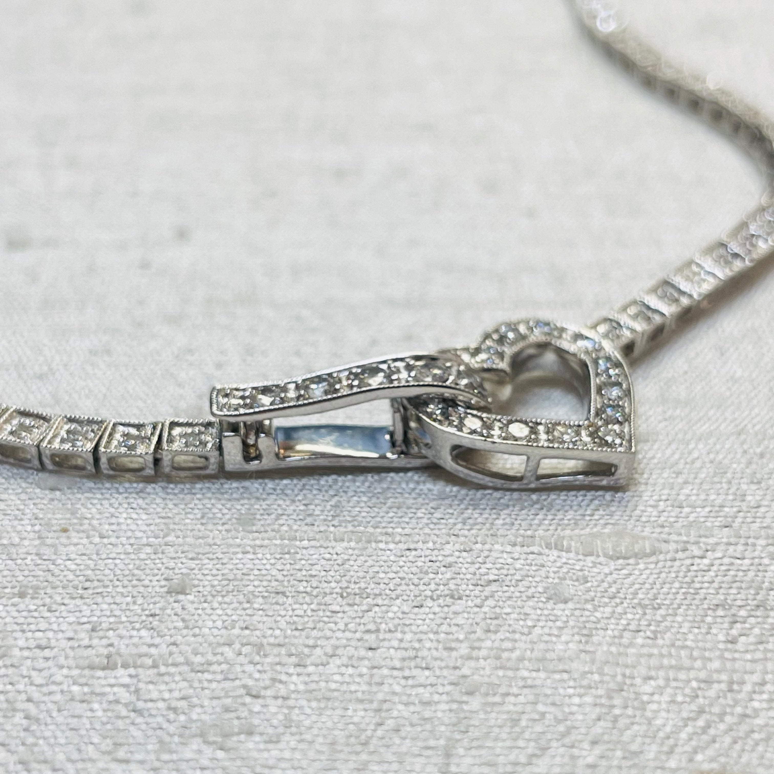 14K White Gold Natural Diamond Tennis Necklace with Heart Center