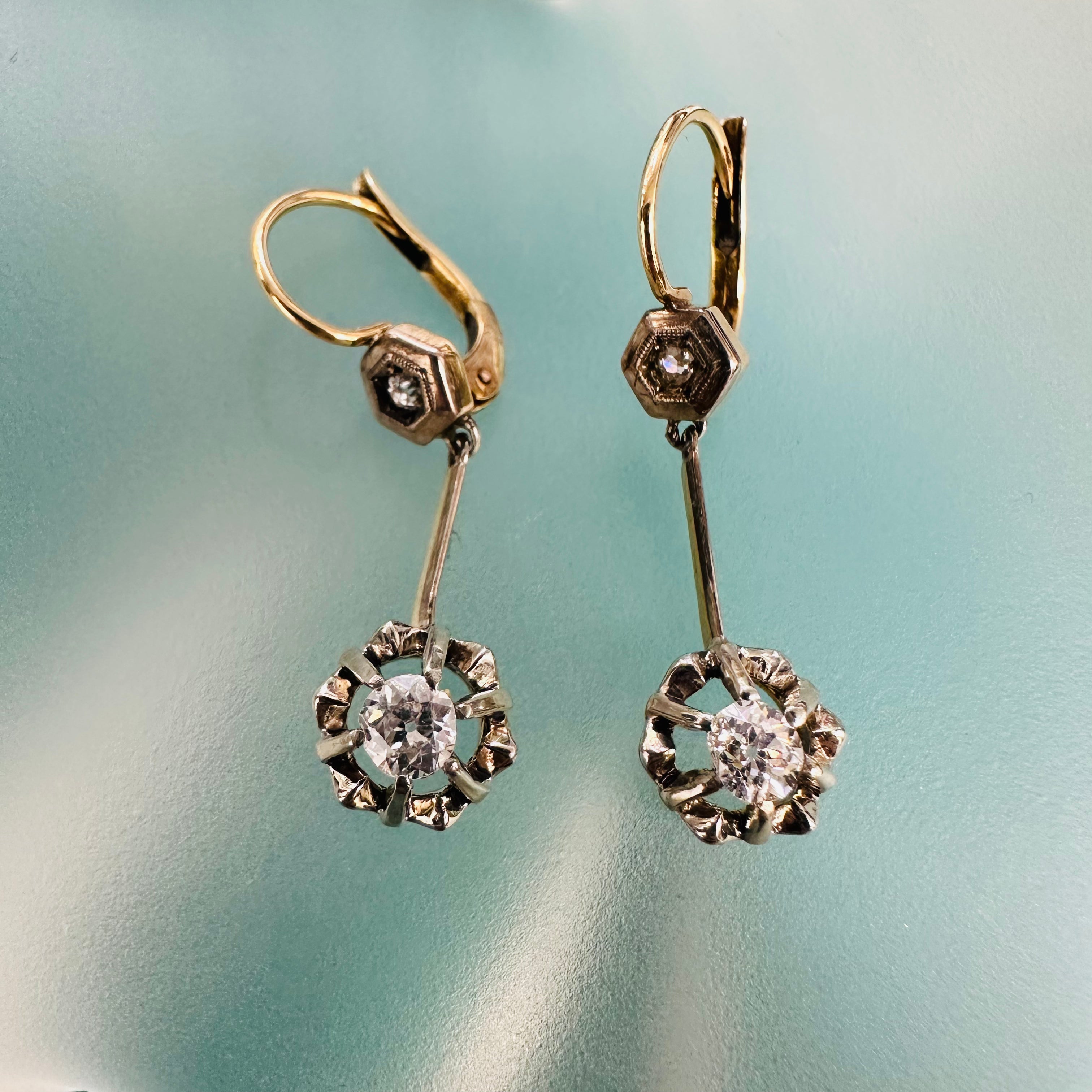 18K Yellow Gold & Platinum Vintage Diamond Drop Earrings