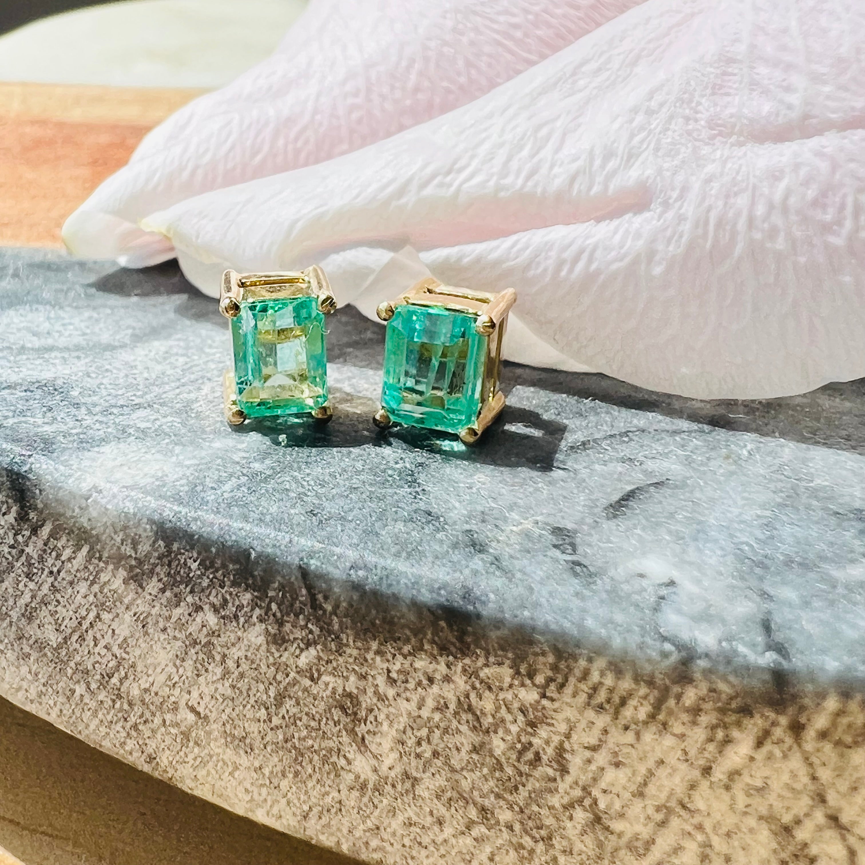 Colombian Emerald 14K Yellow Gold Stud Earrings
