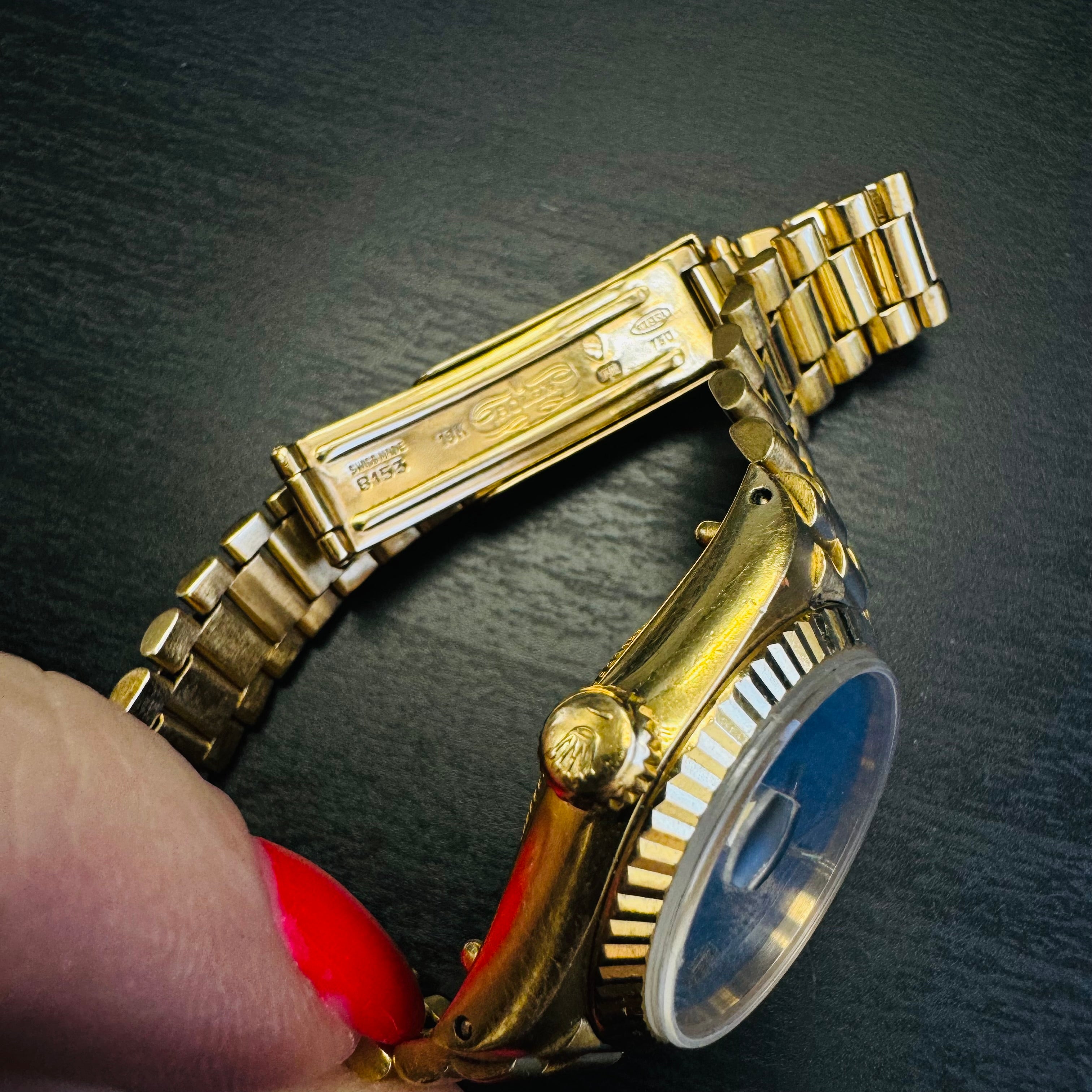 26mm 18K Yellow Gold Vintage Ladies Presidential Rolex Wristwatch with Lapis Diamond DialWatch 1979