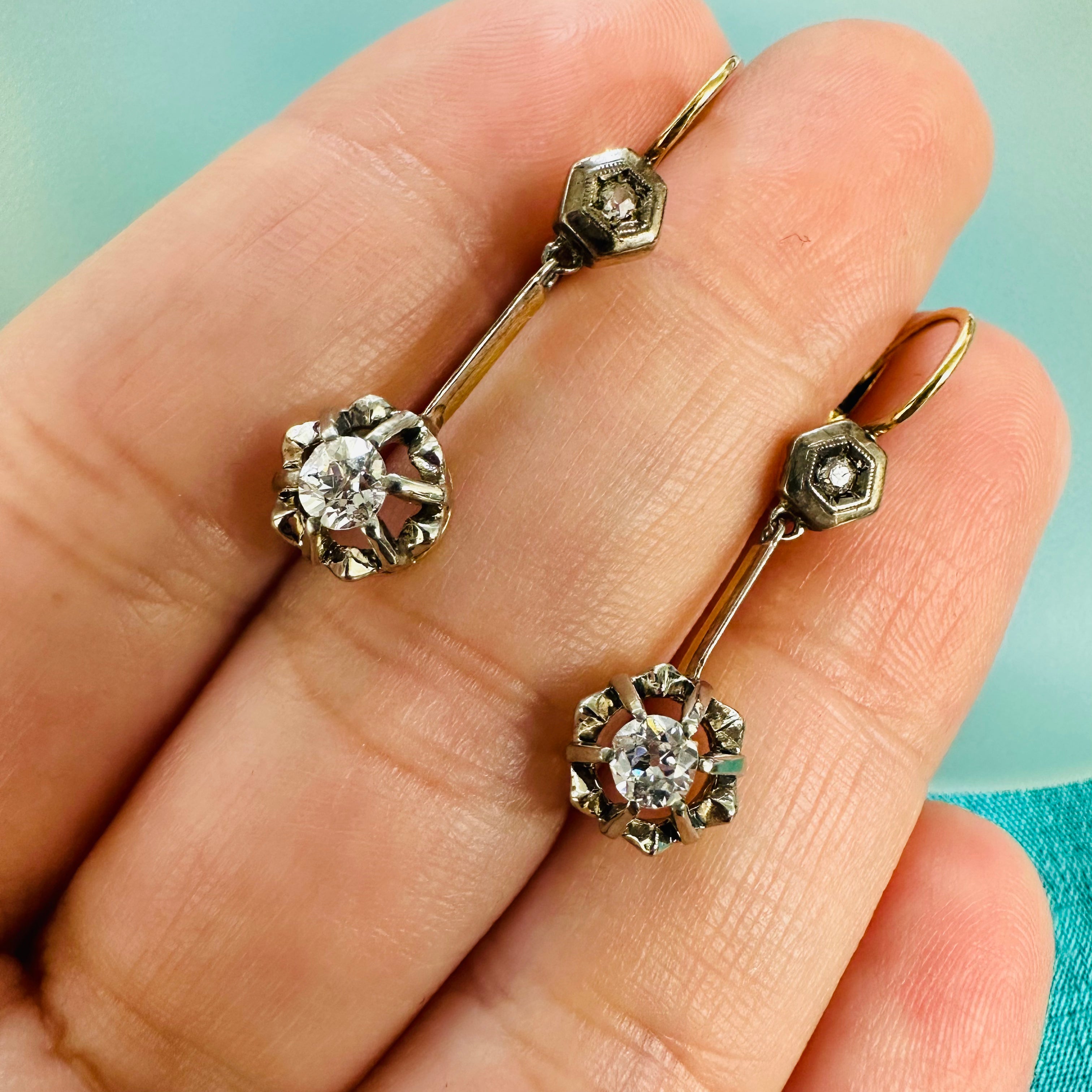 18K Yellow Gold & Platinum Vintage Diamond Drop Earrings