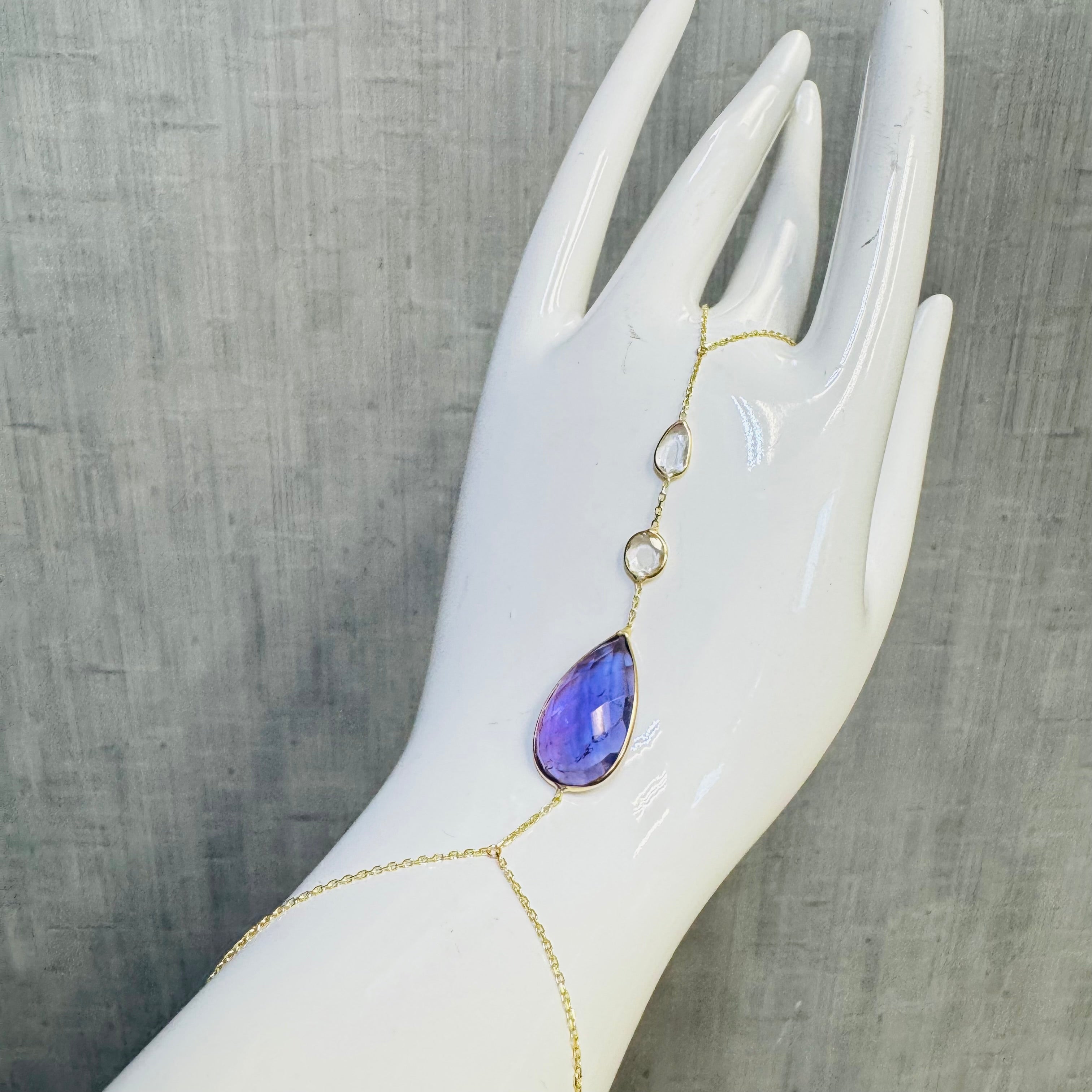 14K Yellow Gold Rose Cut White Sapphire and Amethyst Handchain