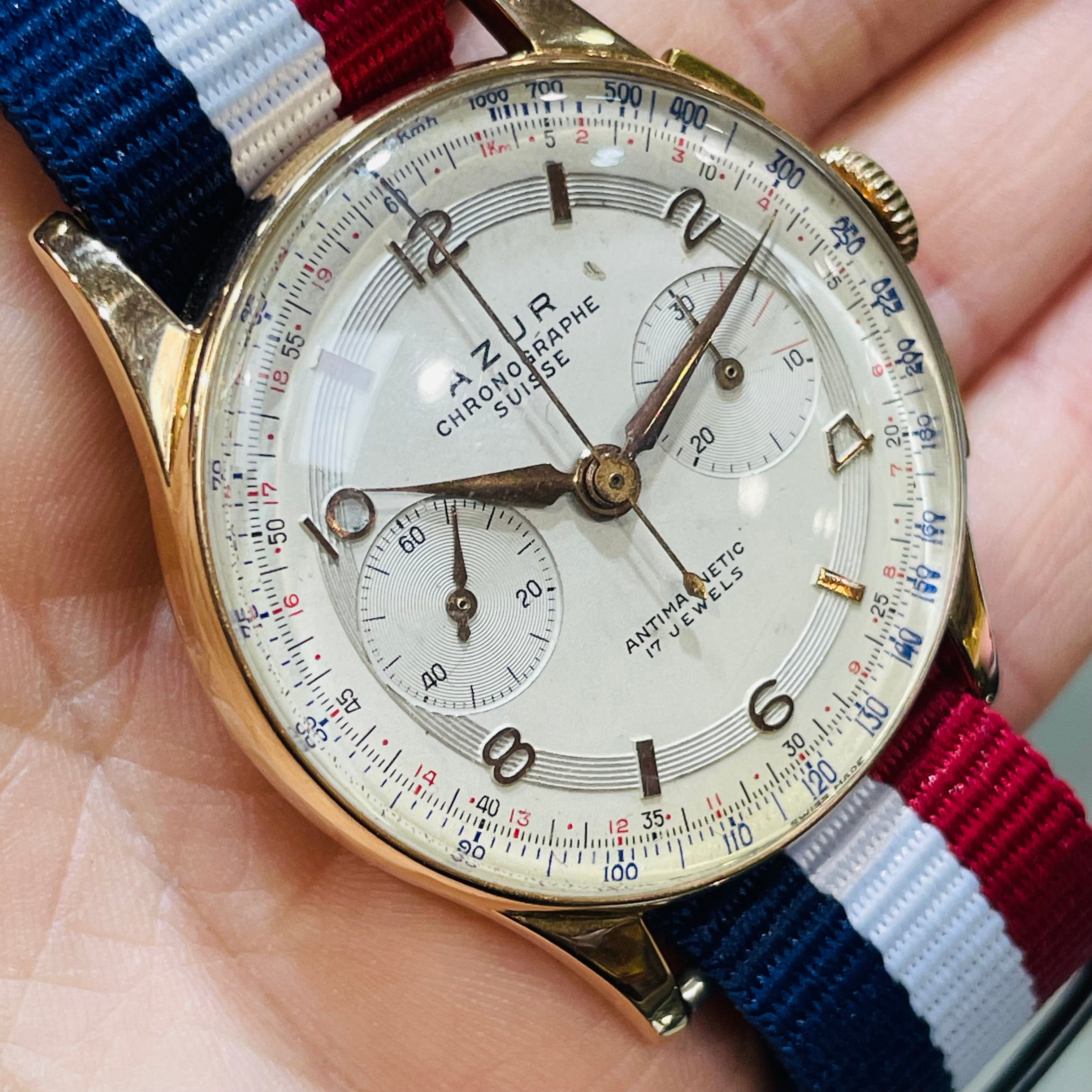36mm Solid 18K Rose Gold Azur Chronographe Suisse Watch Bubble Back