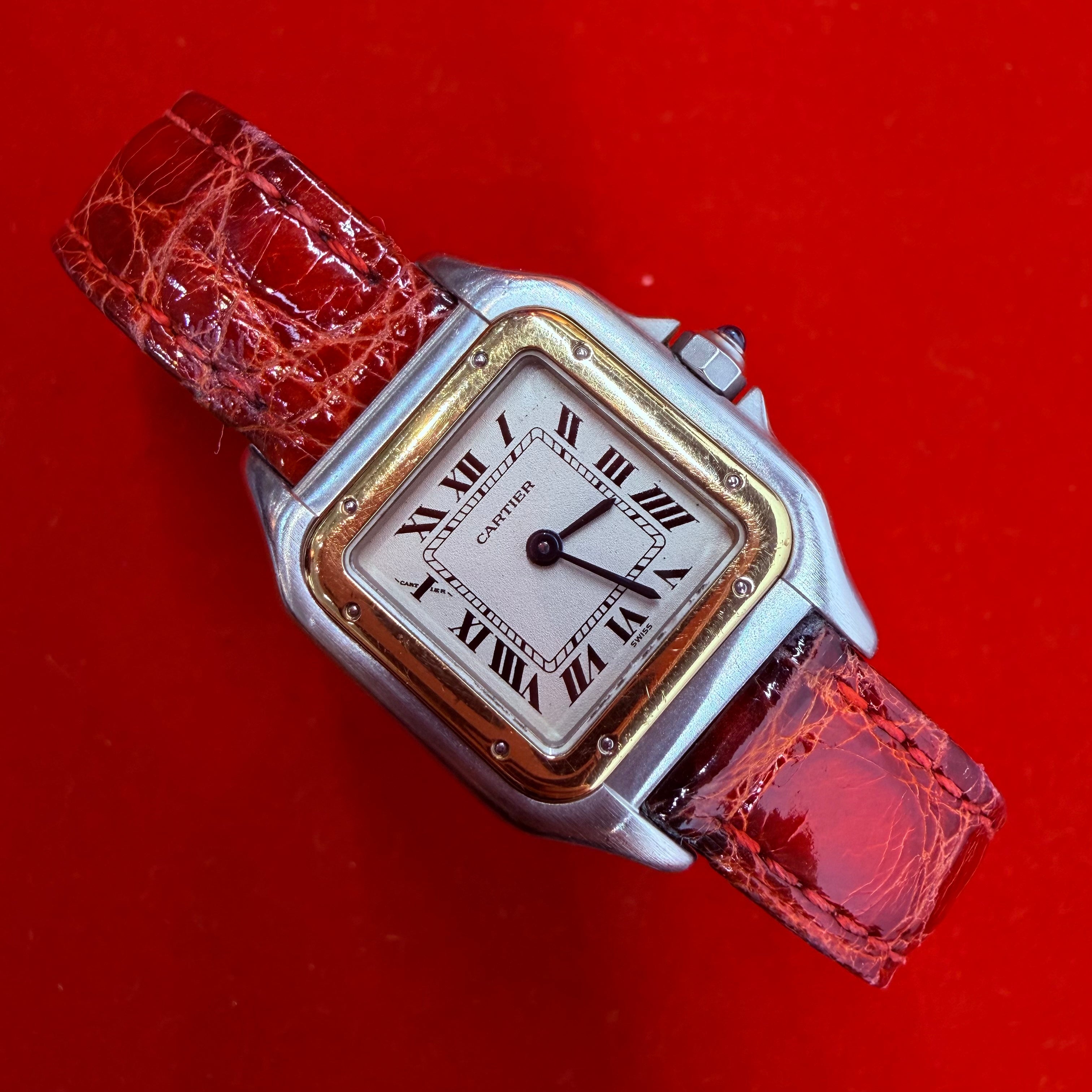 Cartier 18K Yellow Gold & Stainless Steel Red Leather Panthere Automatic Wrist Watch 6.5”