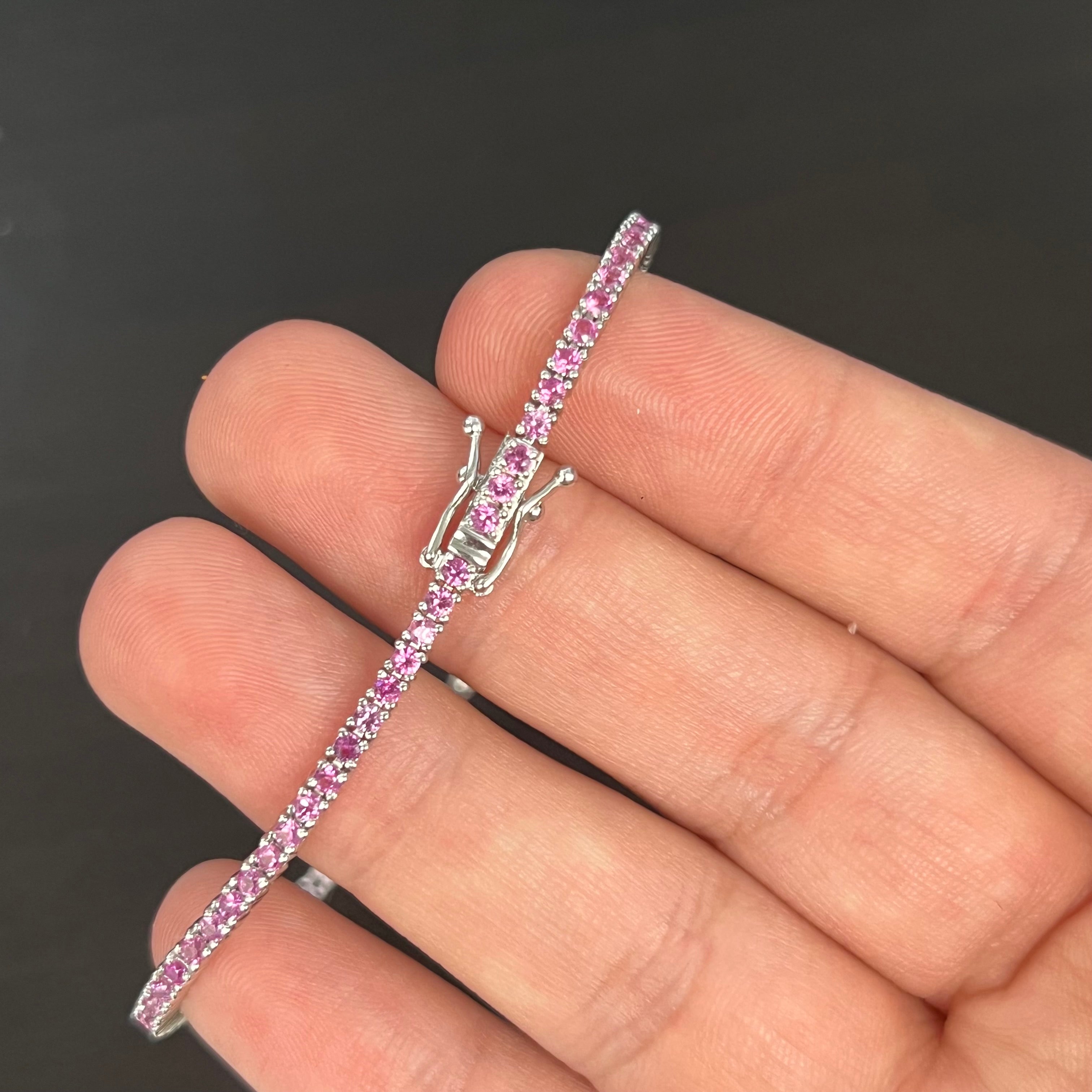 14K Natural Sapphire White Gold Tennis Bracelet 7"