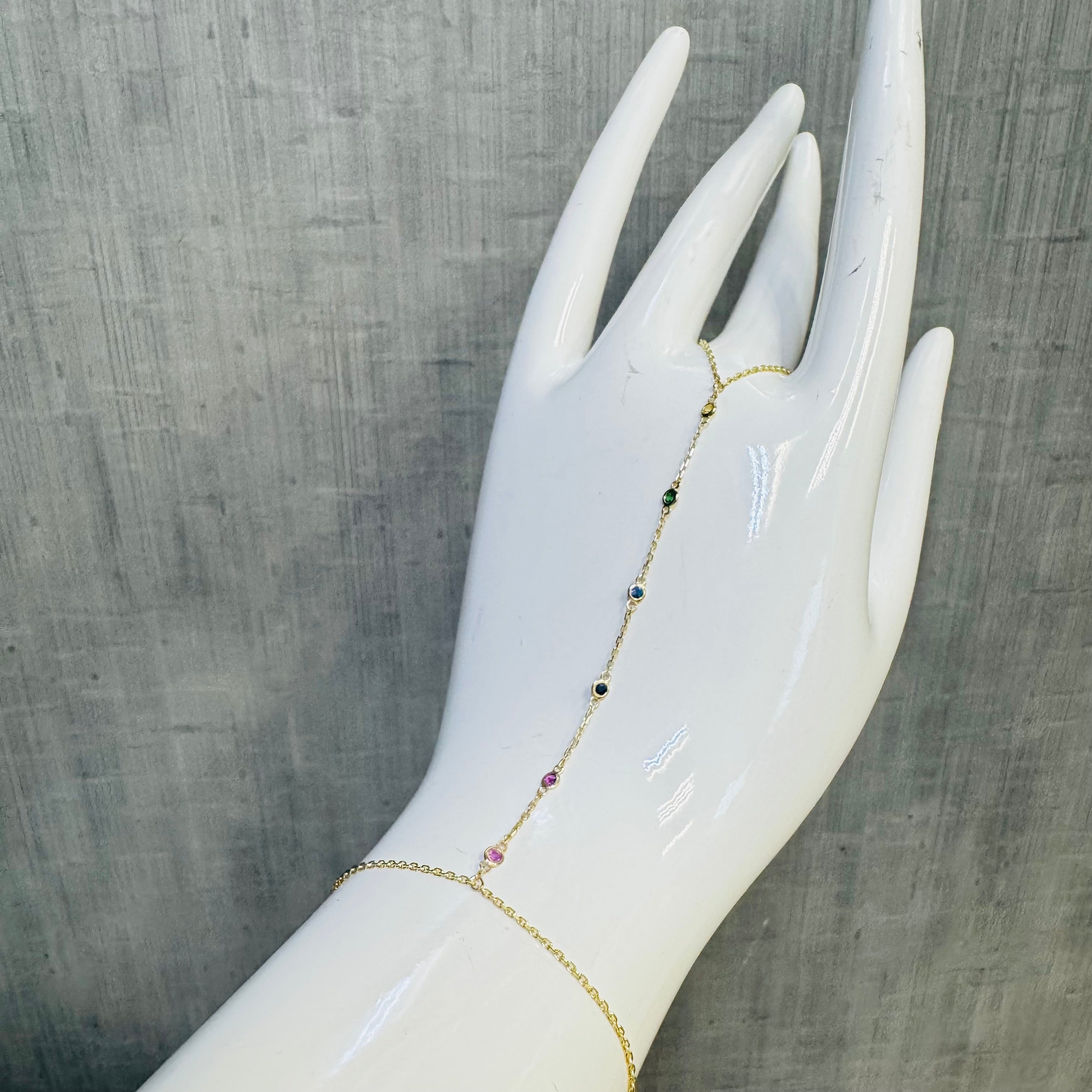 14K Yellow Gold Rainbow Gem Handchain