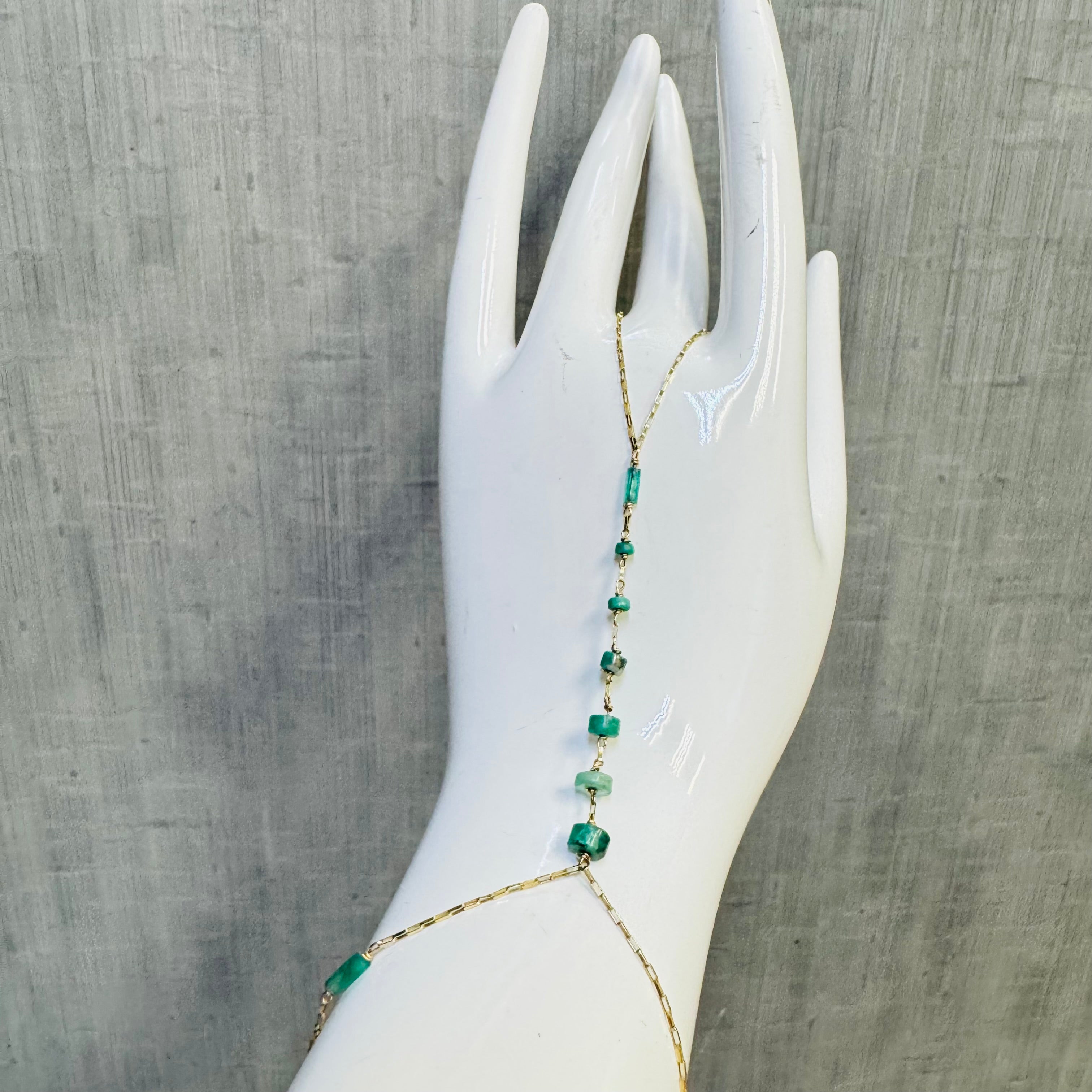 Colombian Emerald Bead Handchain 14k Yellow Gold