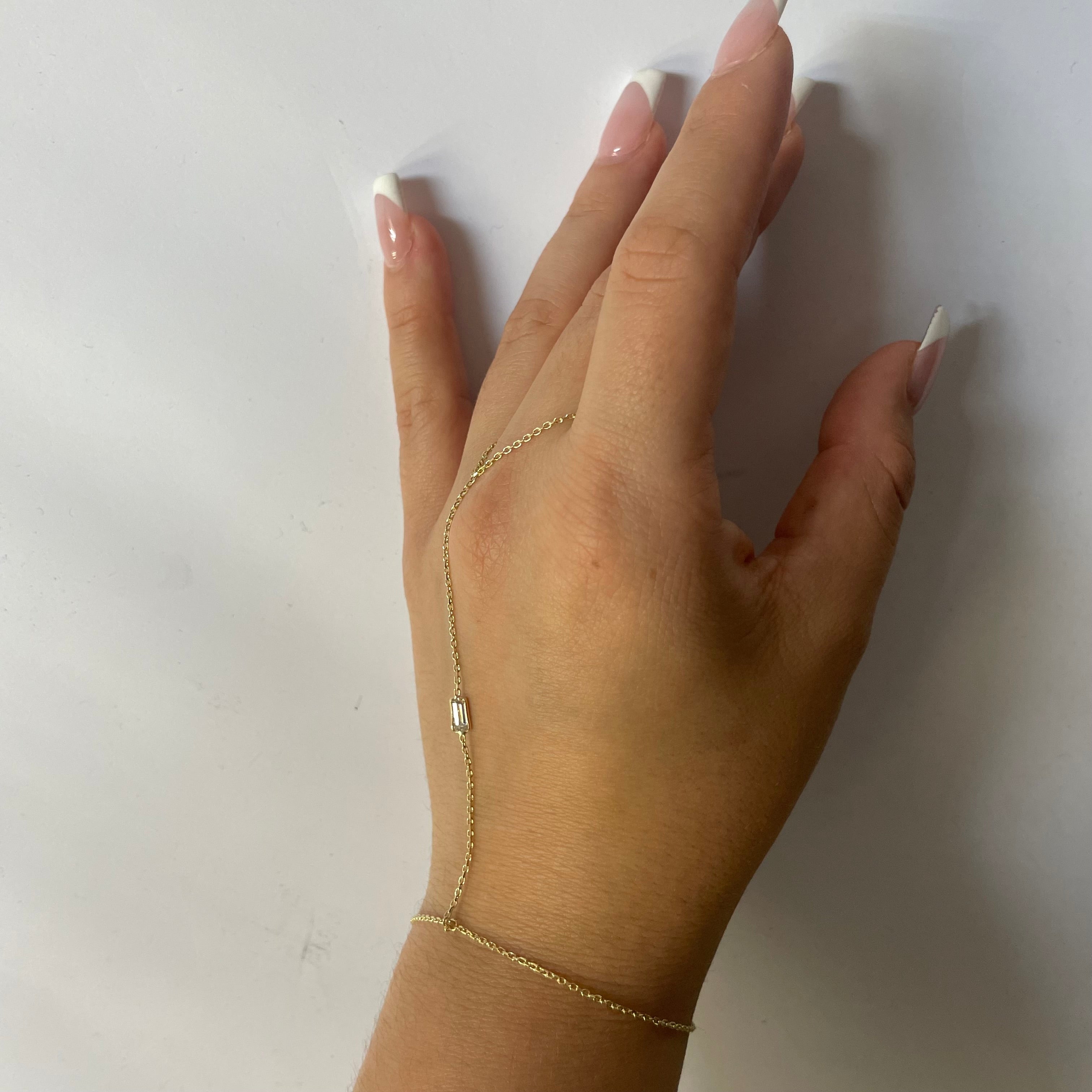 Long Baguette Diamond Solid 14K Yellow Gold Handchain Bracelet
