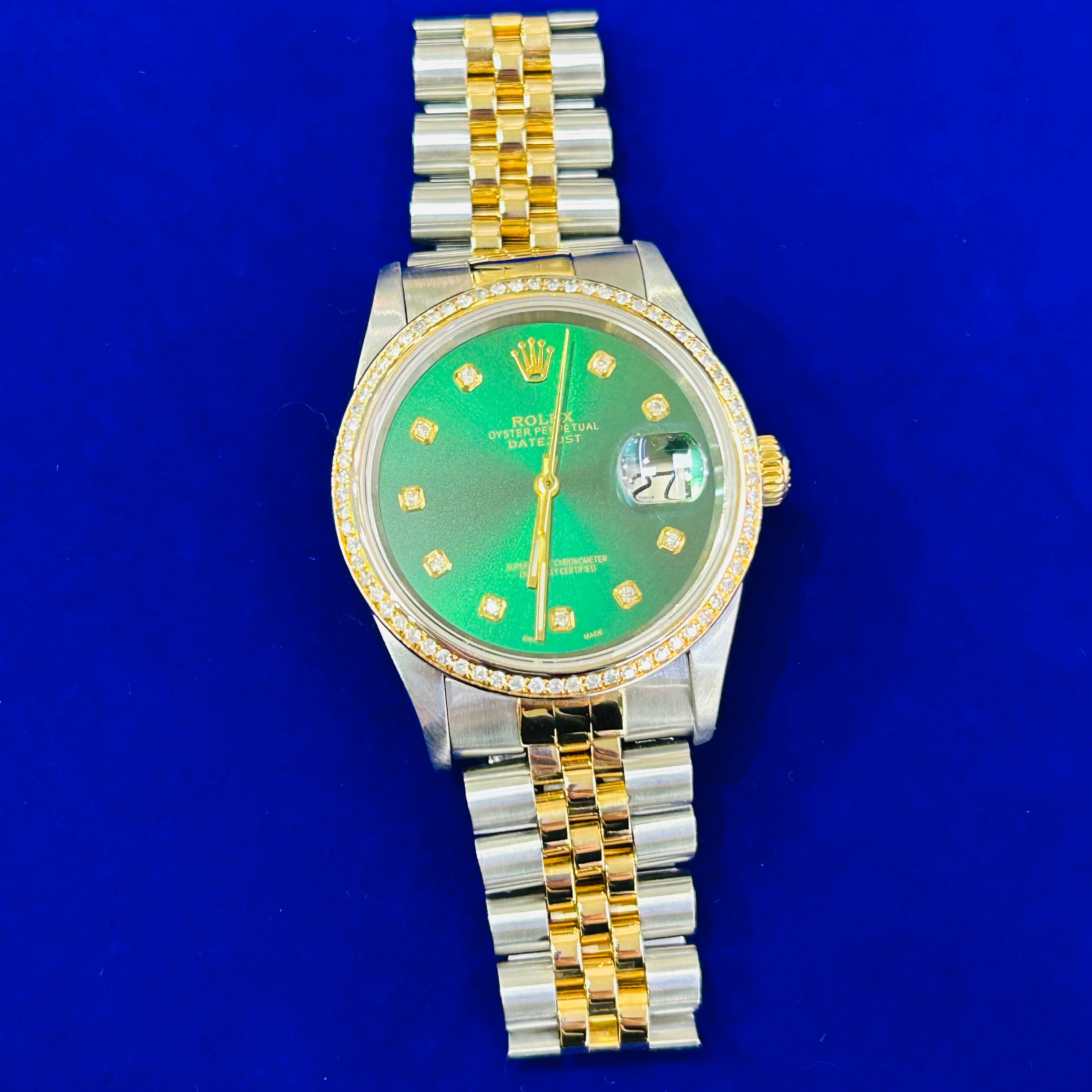 Rolex 36mm Datejust | Ref 16233 | Green Diamond Dial & Diamond Bezel | Jubilee 18k Yellow Gold & Stainless