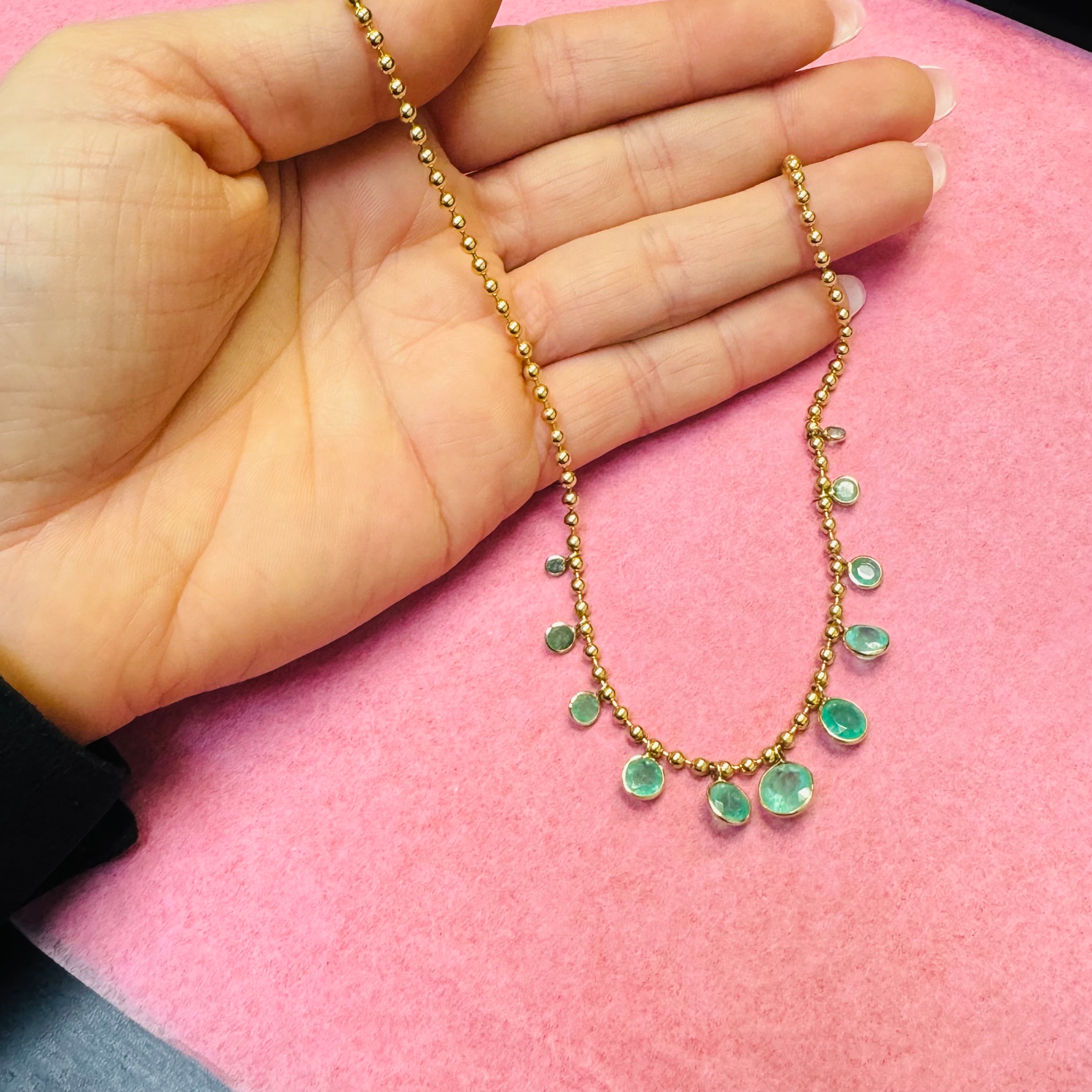 Graduated 4.8CTW Natural Round Colombian Emerald Dangle Necklace in Solid 14K Yellow Gold Ball Chain