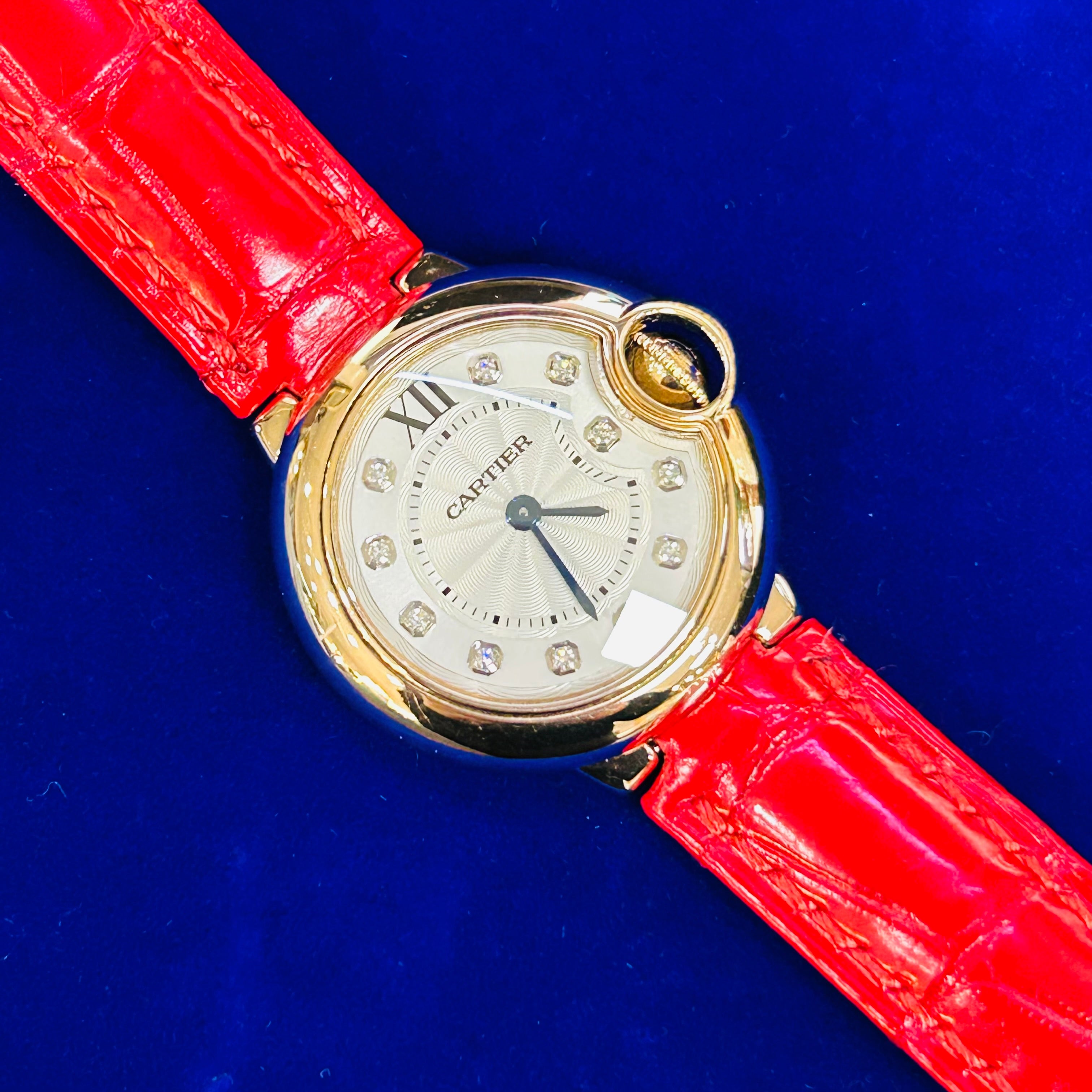 Cartier Ballon Bleu 28MM 18K Rose Gold Leather Strap Quartz 6.5"