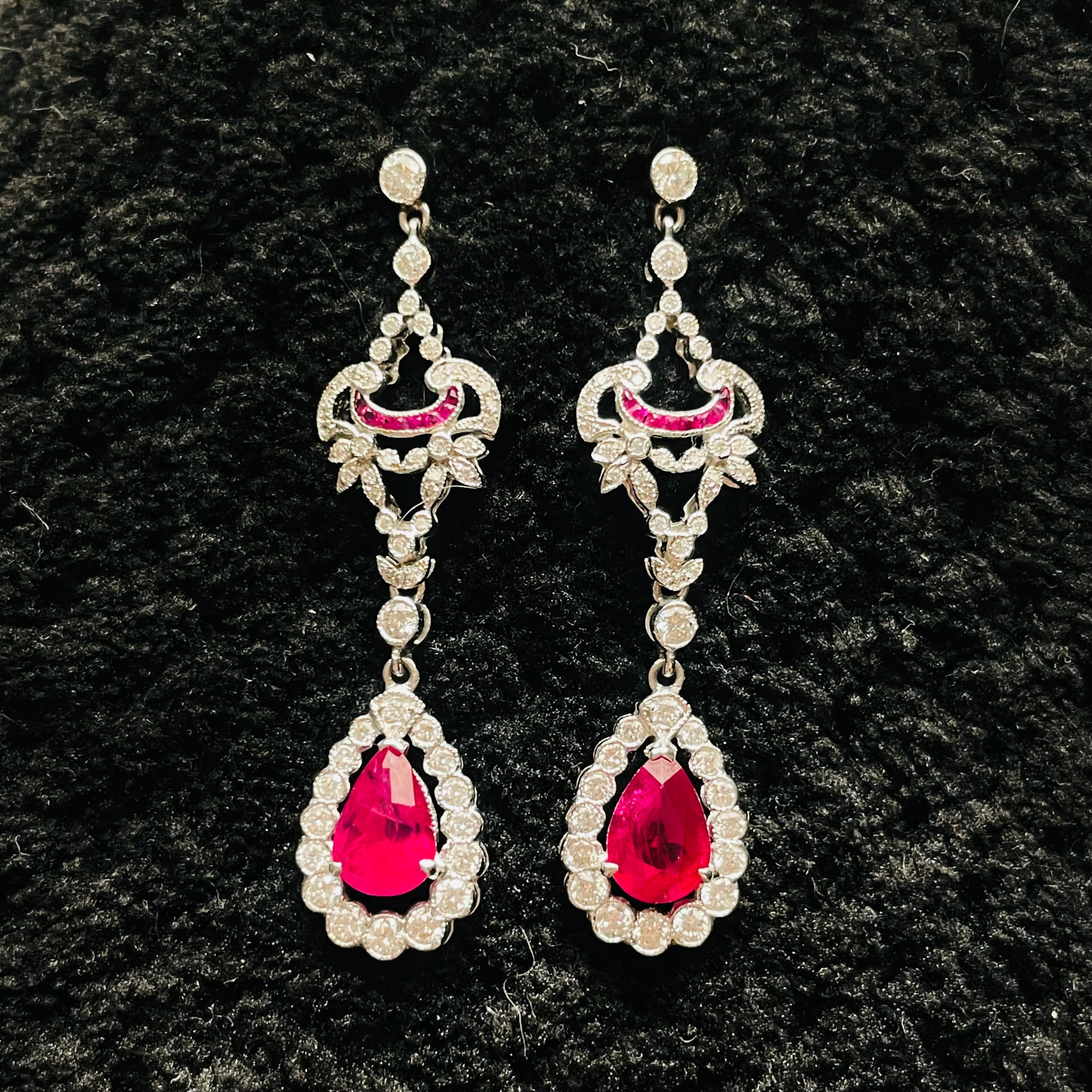 Amazing GIA Certified Burma Ruby Pear Drop Earrings 18K White Gold