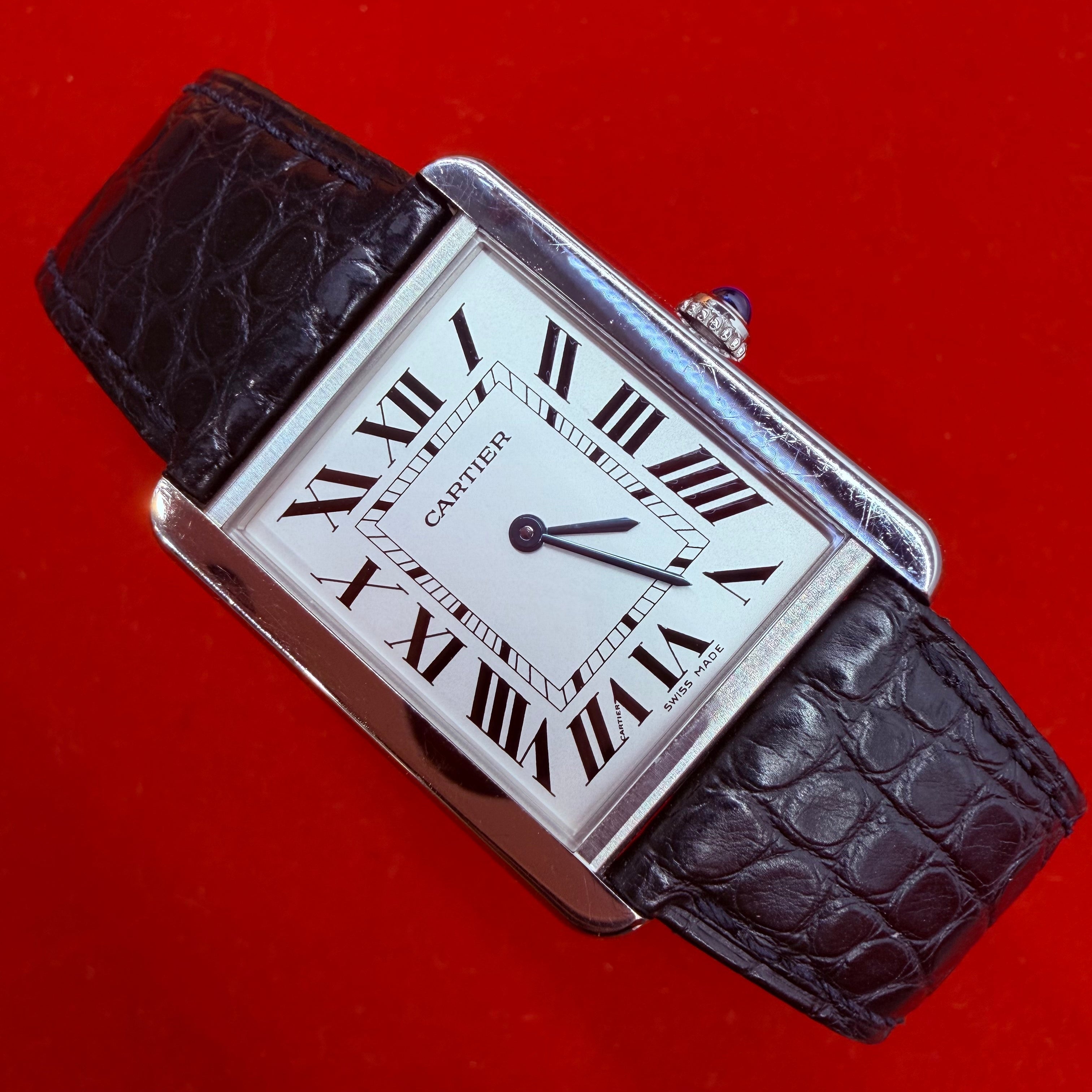 Cartier Tank Solo Large Stainless Steel Black Leather Band Ref.2823 size 7.25”