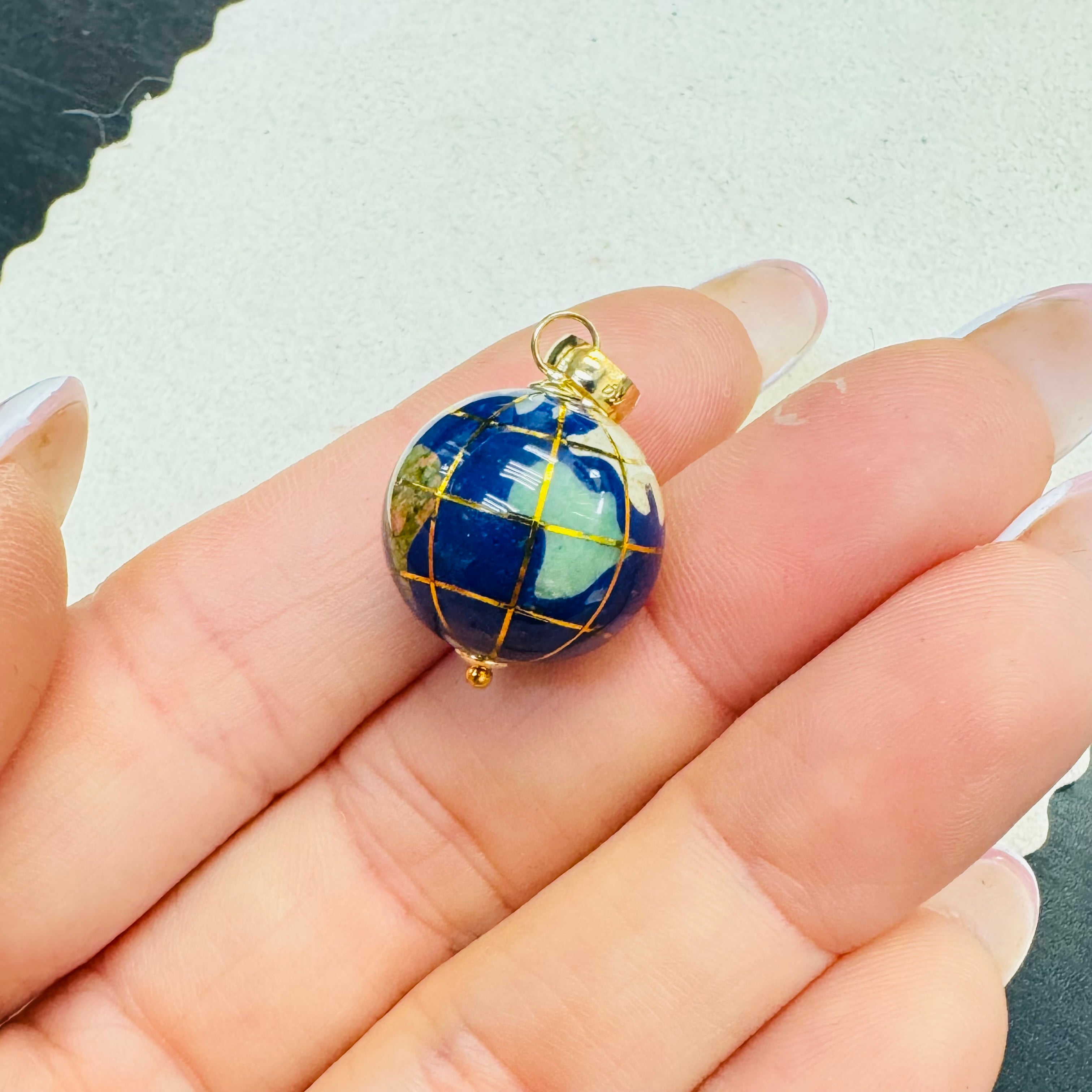 14K Yellow Gold Lapis And Gemstone Inlay Globe Charm Pendant 15mm