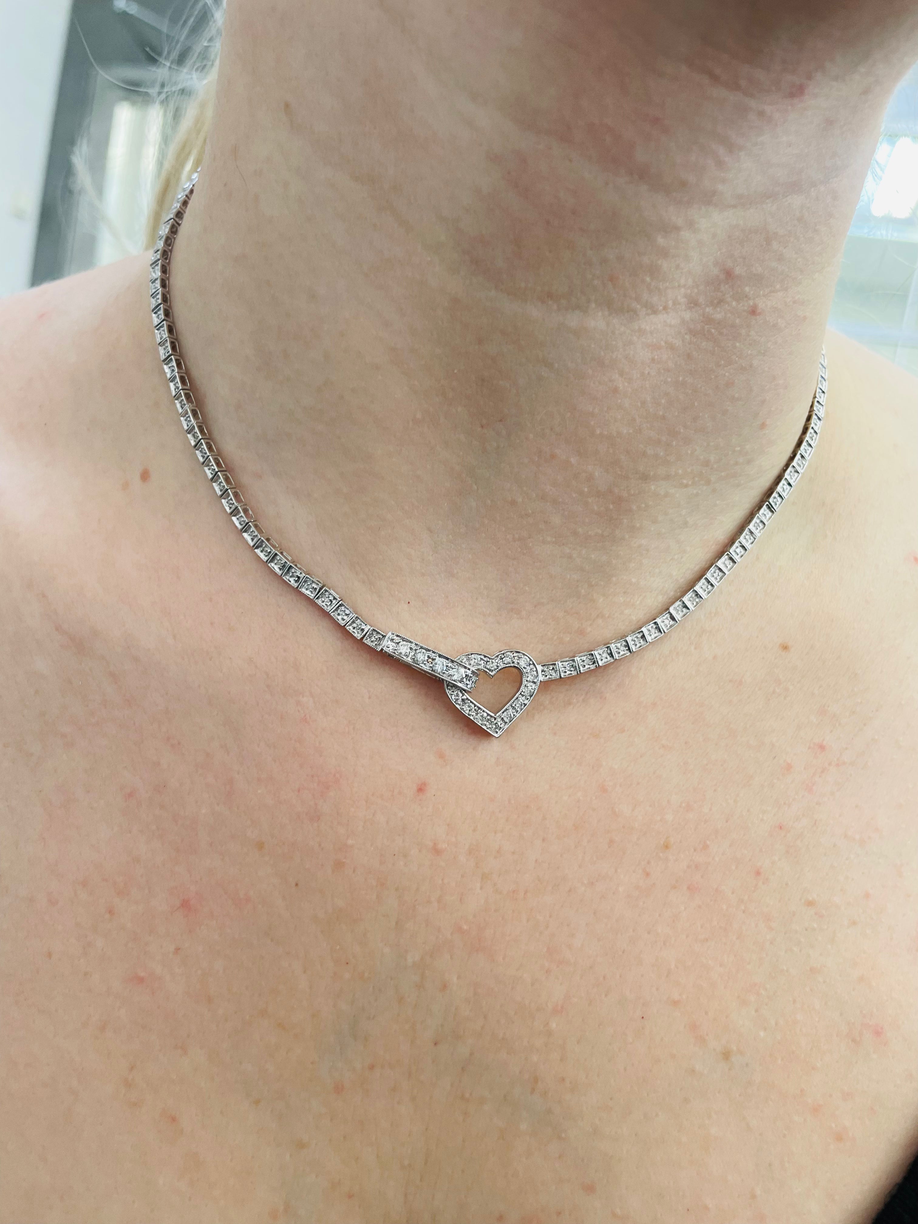 14K White Gold Natural Diamond Tennis Necklace with Heart Center