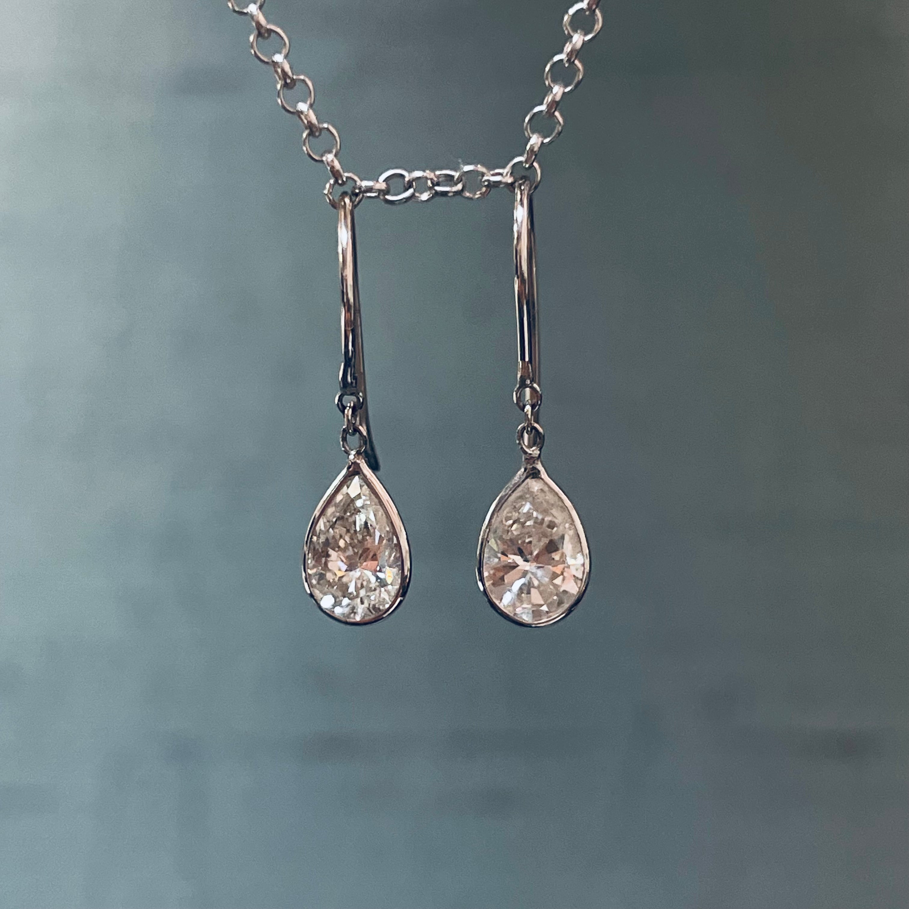 1CTW Diamond Bezeled Pear Shape 14K White Gold Dangling Earrings