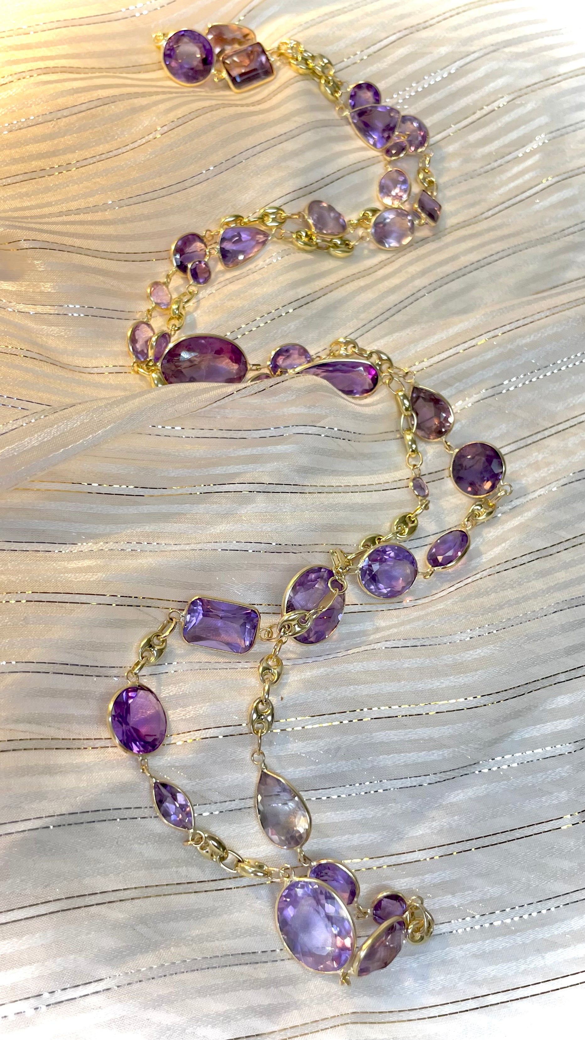 36" Long Solid 14K Yellow Gold 104CT Natural Multi Shape Amethyst Long Gemstone