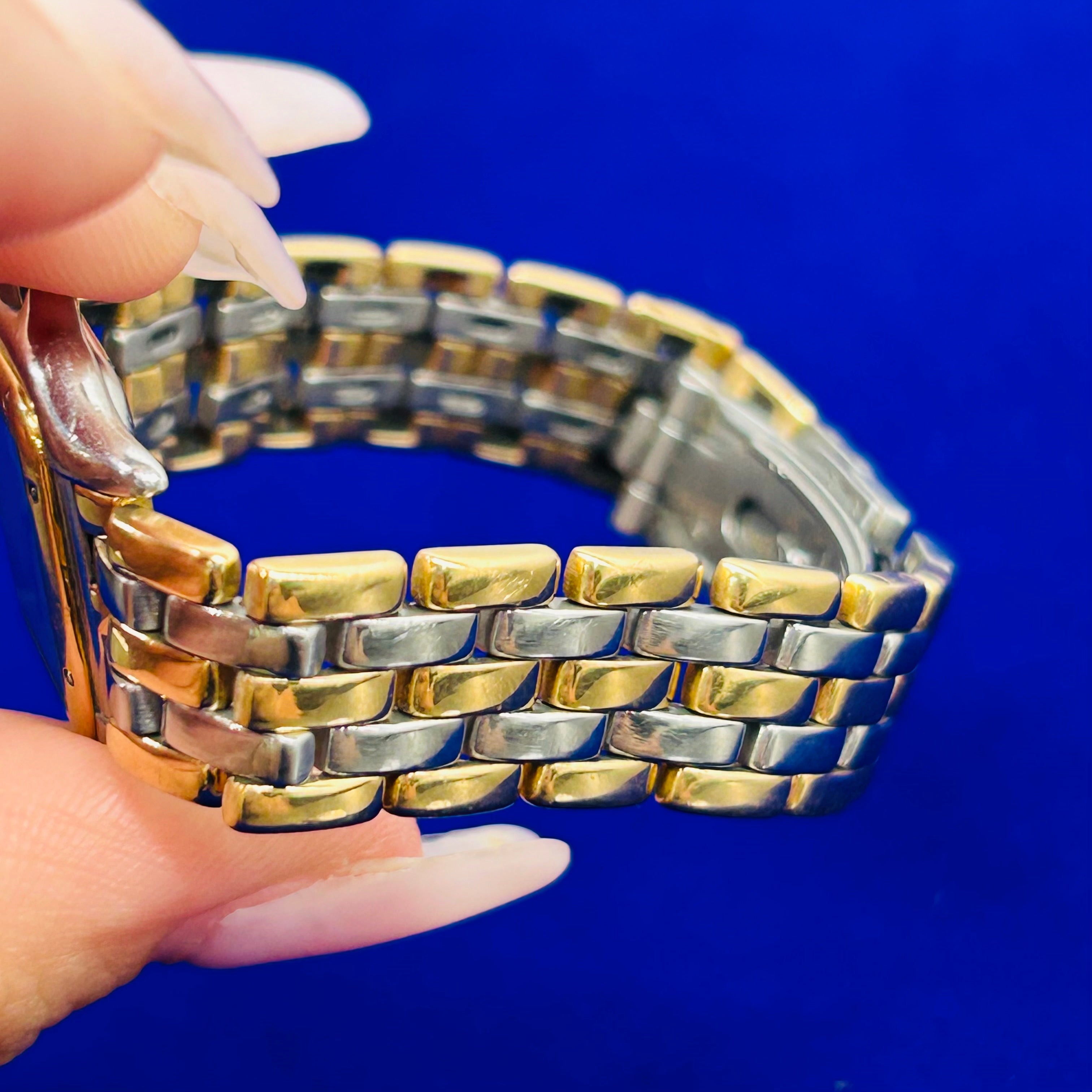 Vintage 18K Yellow Gold & Stainless Steel Panthere Quartz Wrist Watch Three Row