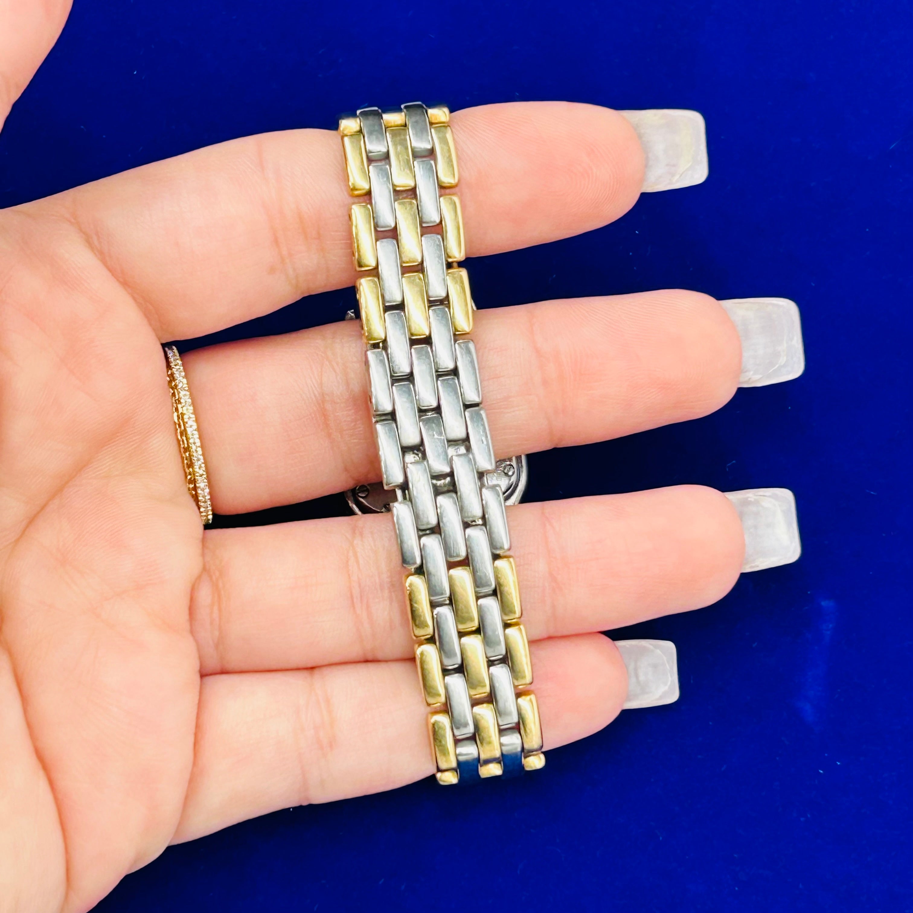 Vintage 18K Yellow Gold & Stainless Steel Panthere Quartz Wrist Watch Three Row