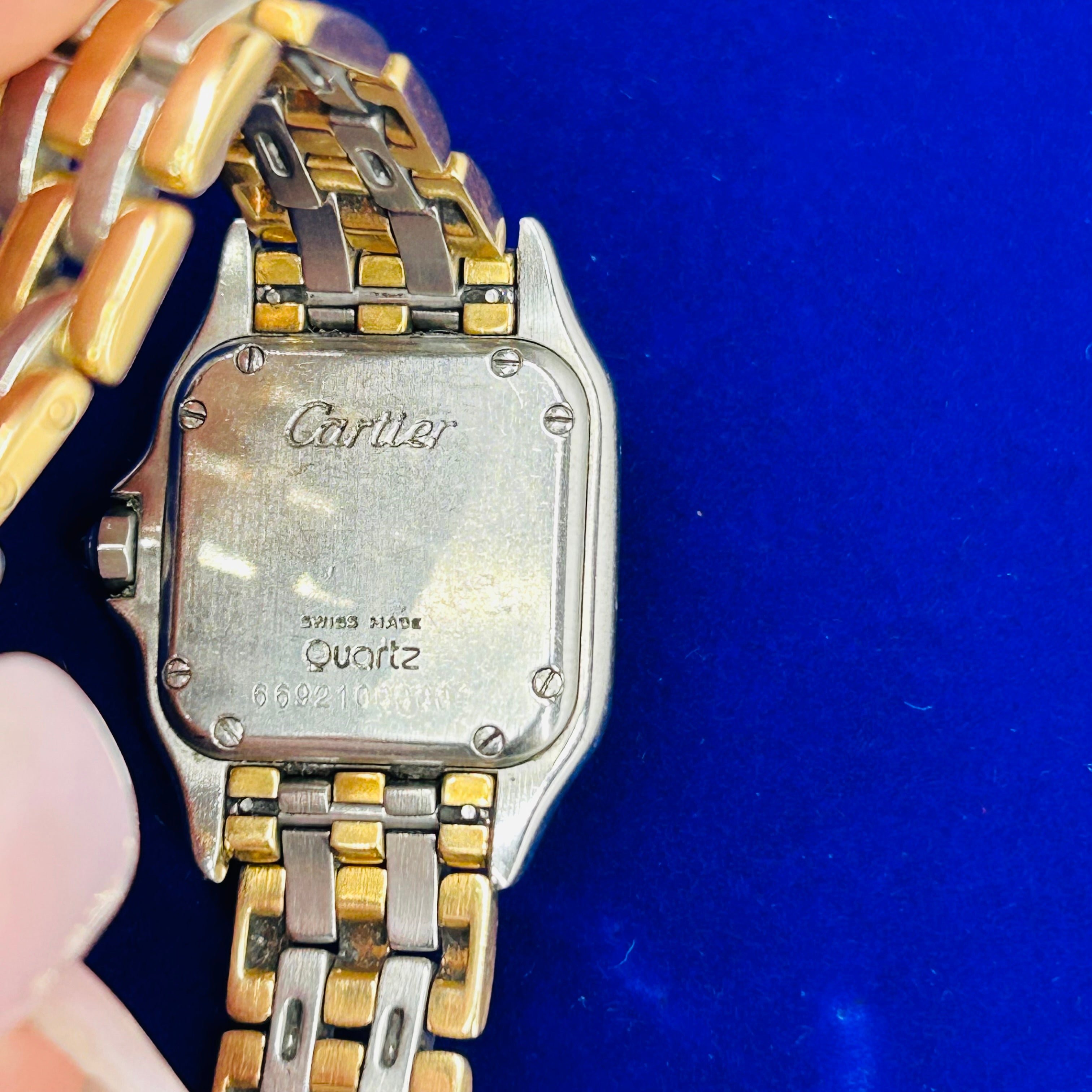 Vintage 18K Yellow Gold & Stainless Steel Panthere Quartz Wrist Watch Three Row