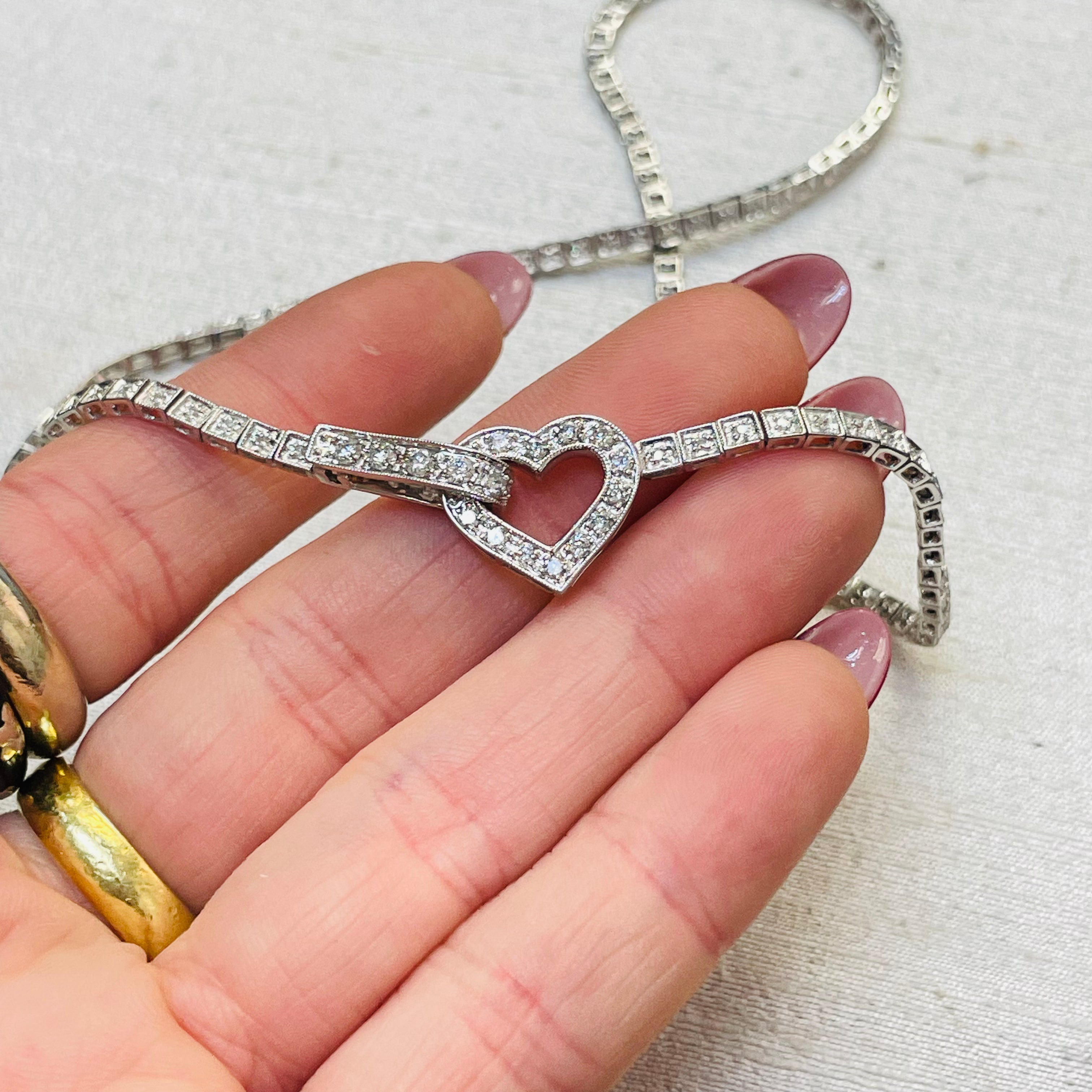 14K White Gold Natural Diamond Tennis Necklace with Heart Center