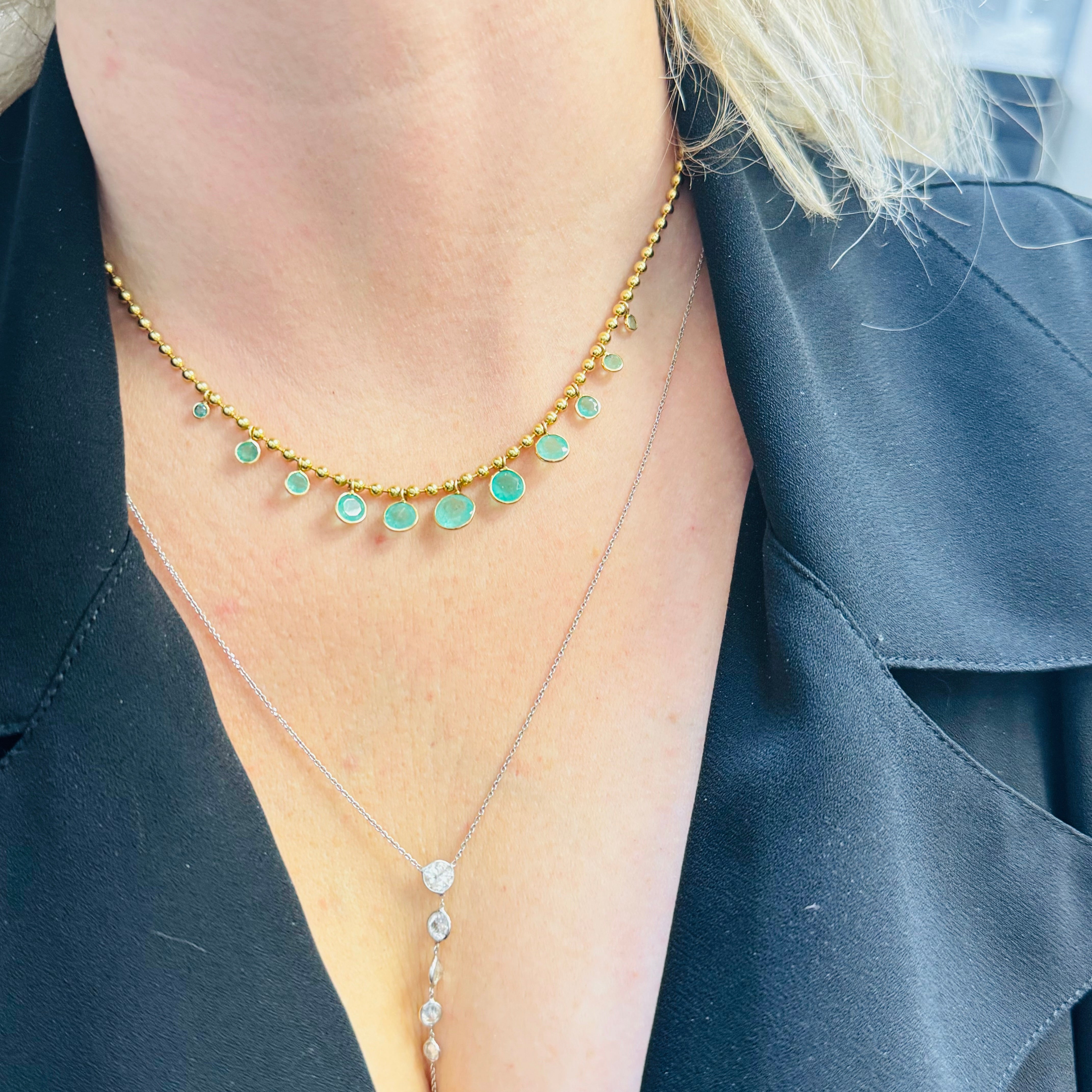 Graduated 4.8CTW Natural Round Colombian Emerald Dangle Necklace in Solid 14K Yellow Gold Ball Chain