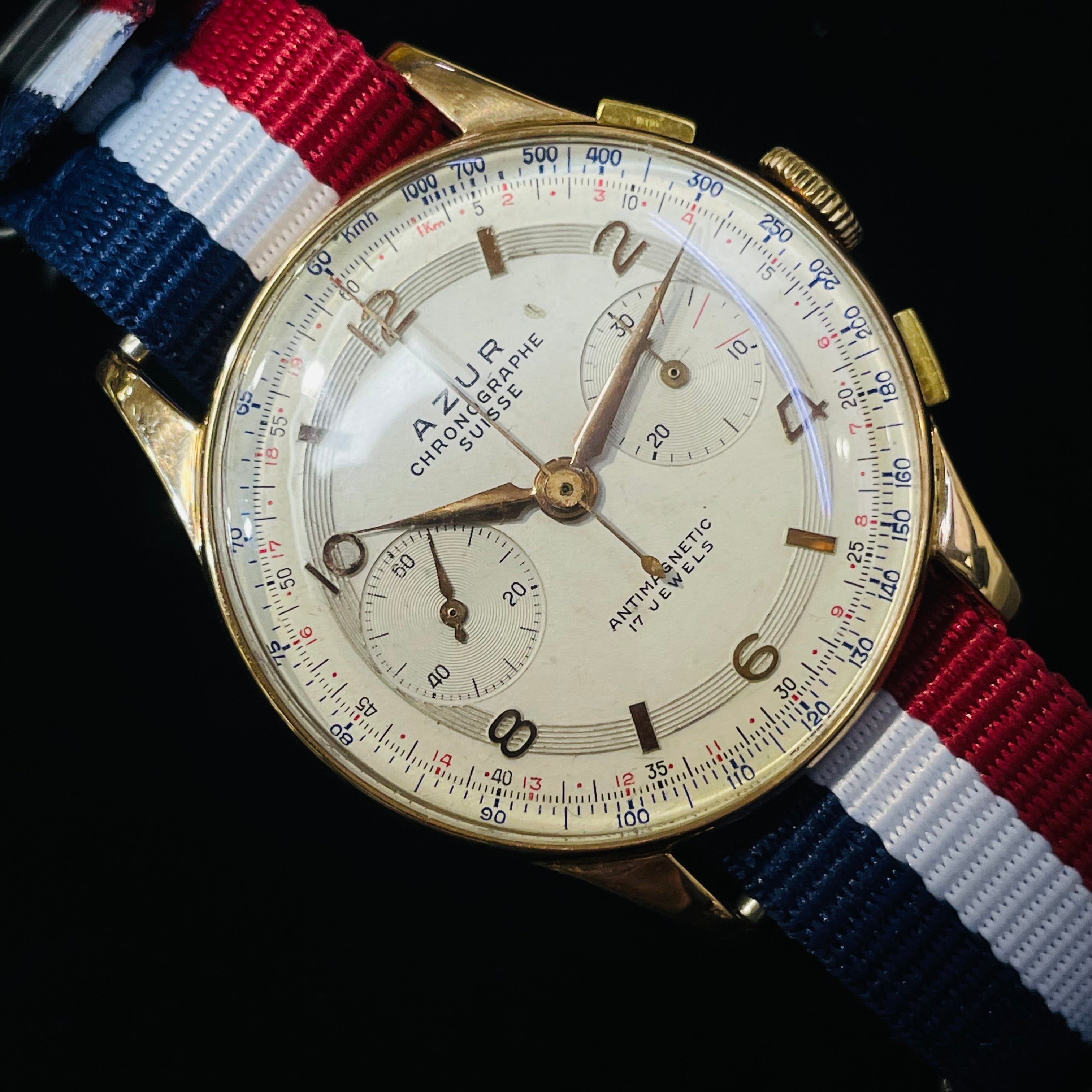 36mm Solid 18K Rose Gold Azur Chronographe Suisse Watch Bubble Back