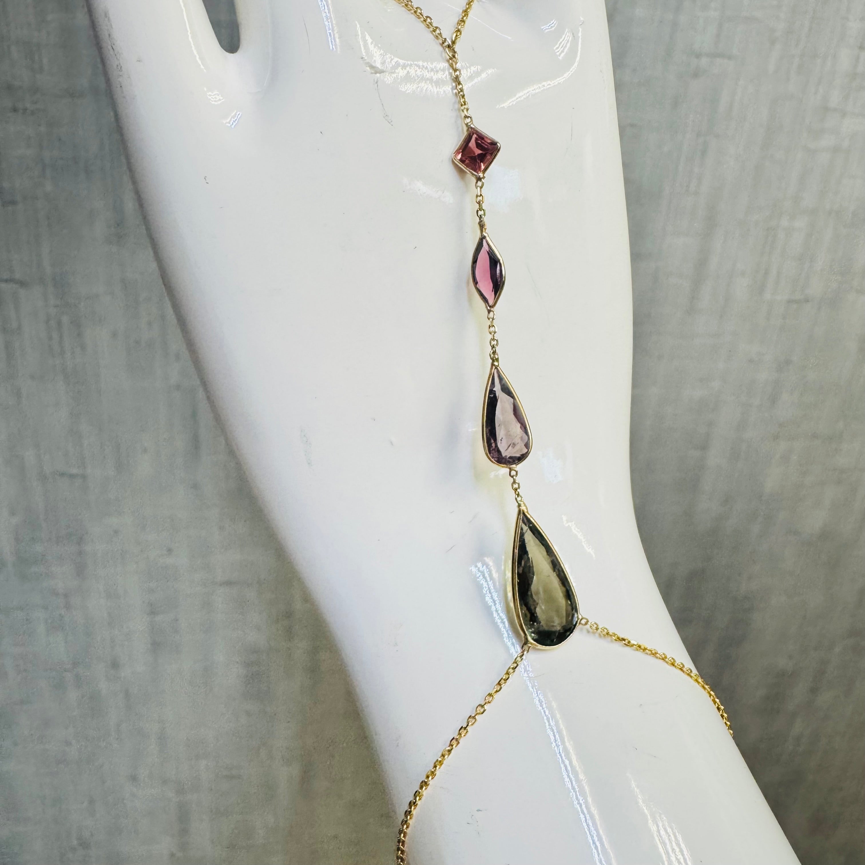 14K Yellow Gold Garnet Tourmaline Handchain