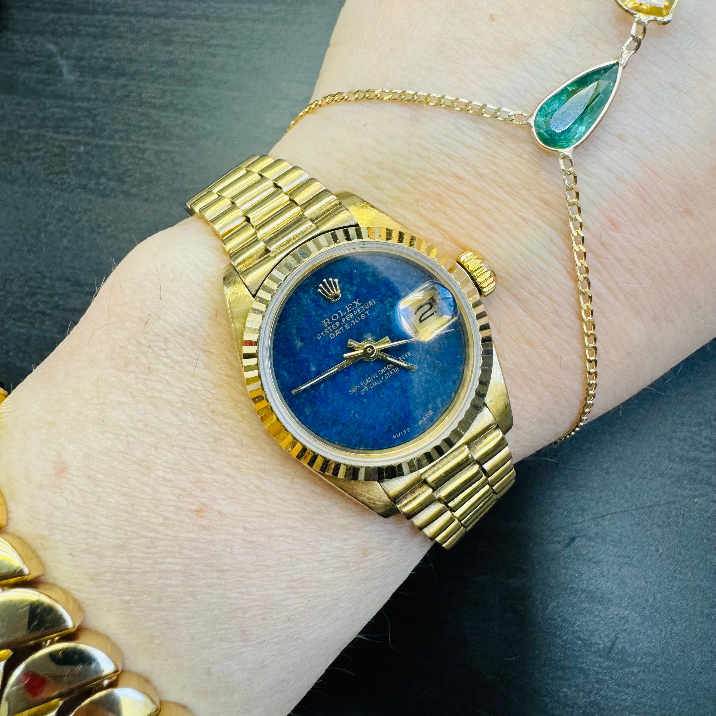 26mm 18K Yellow Gold Vintage Ladies Presidential Rolex Wristwatch with Lapis Diamond DialWatch 1979