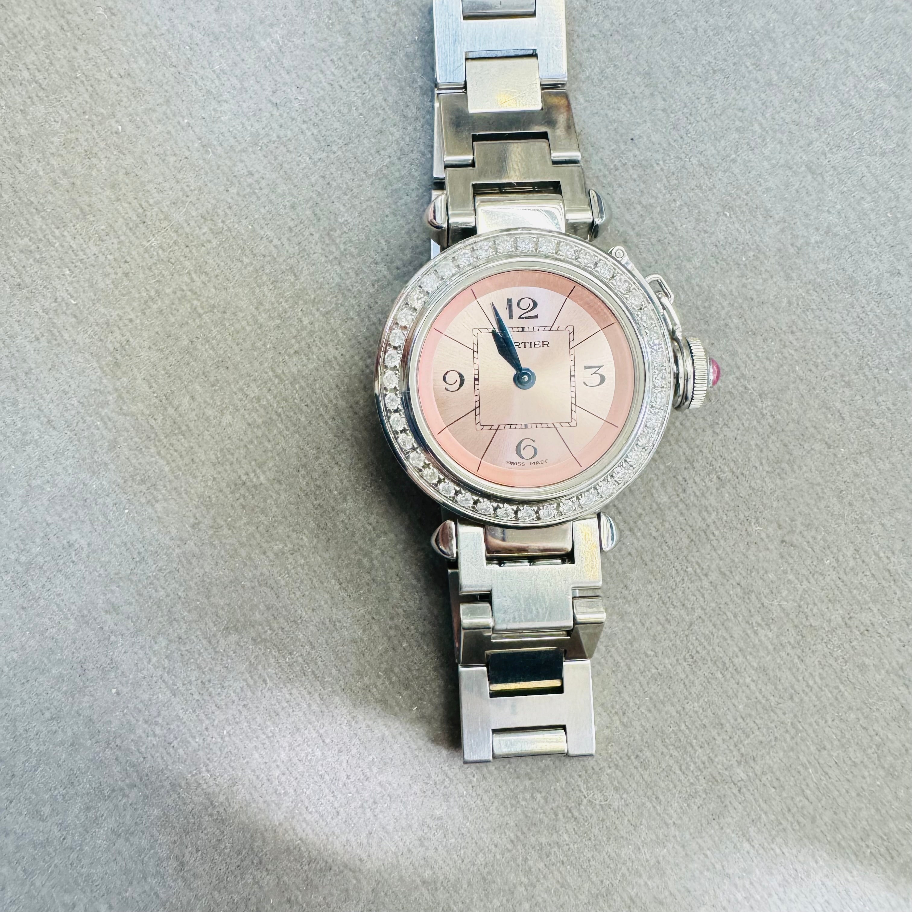 Stainless Steel Diamond Bezel Pink Dial Cartier Pasha 28mm Watch