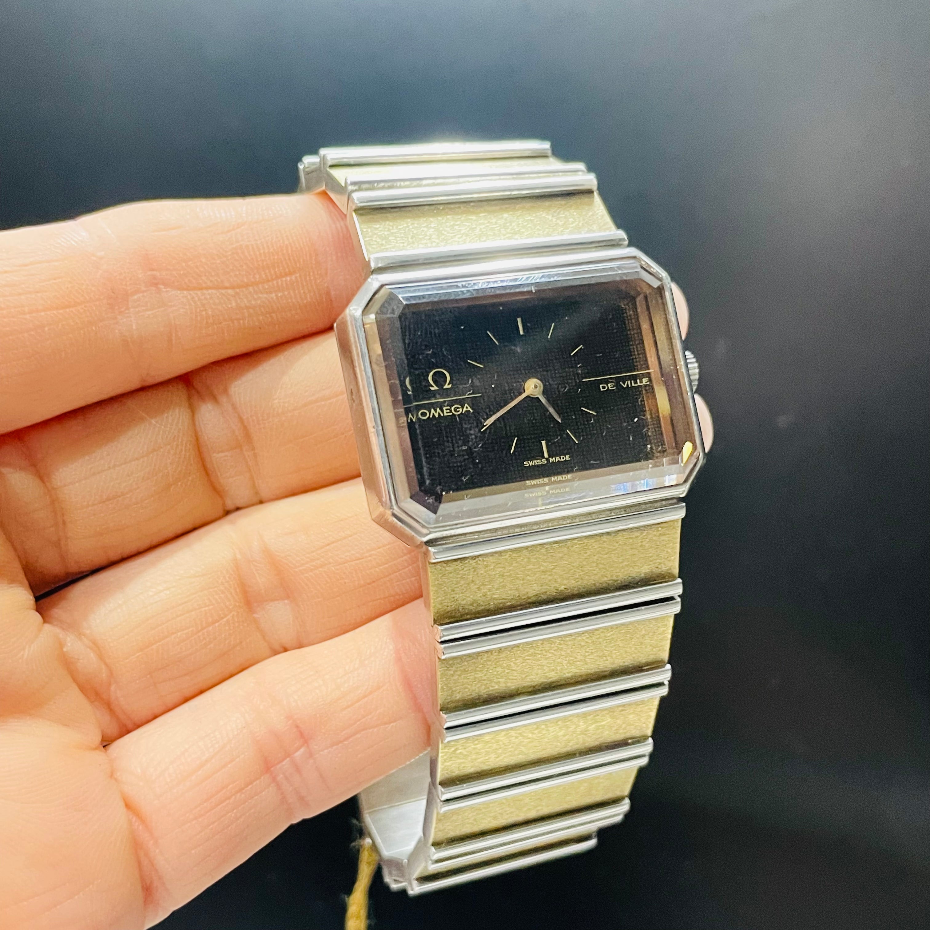 Omega De Ville Sterling Silver Gold Vermeil 1970s Vintage Unisex Wrist Watch New