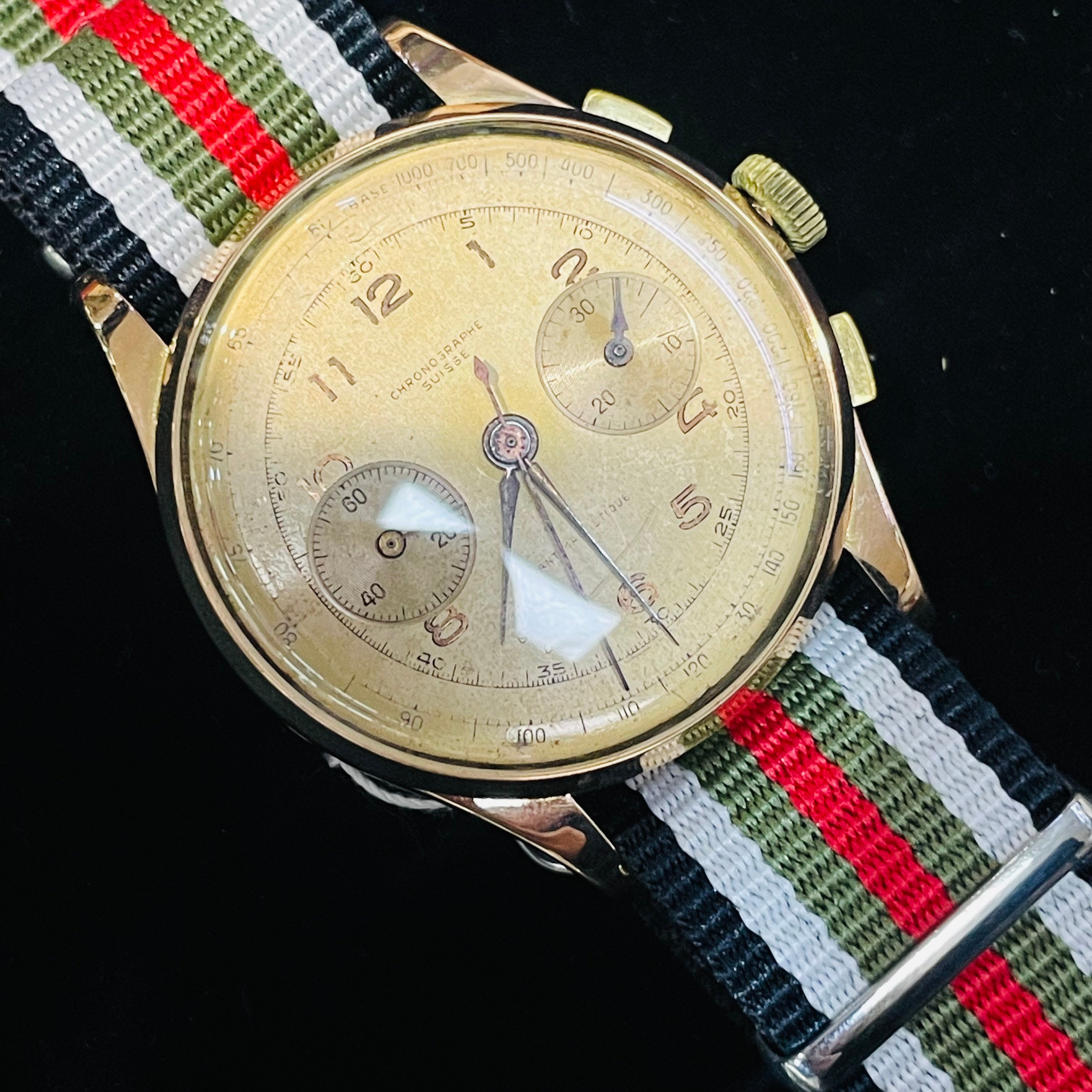 37mm Solid 18K Rose Gold Azur Chronographe Suisse Watch Bubble Back