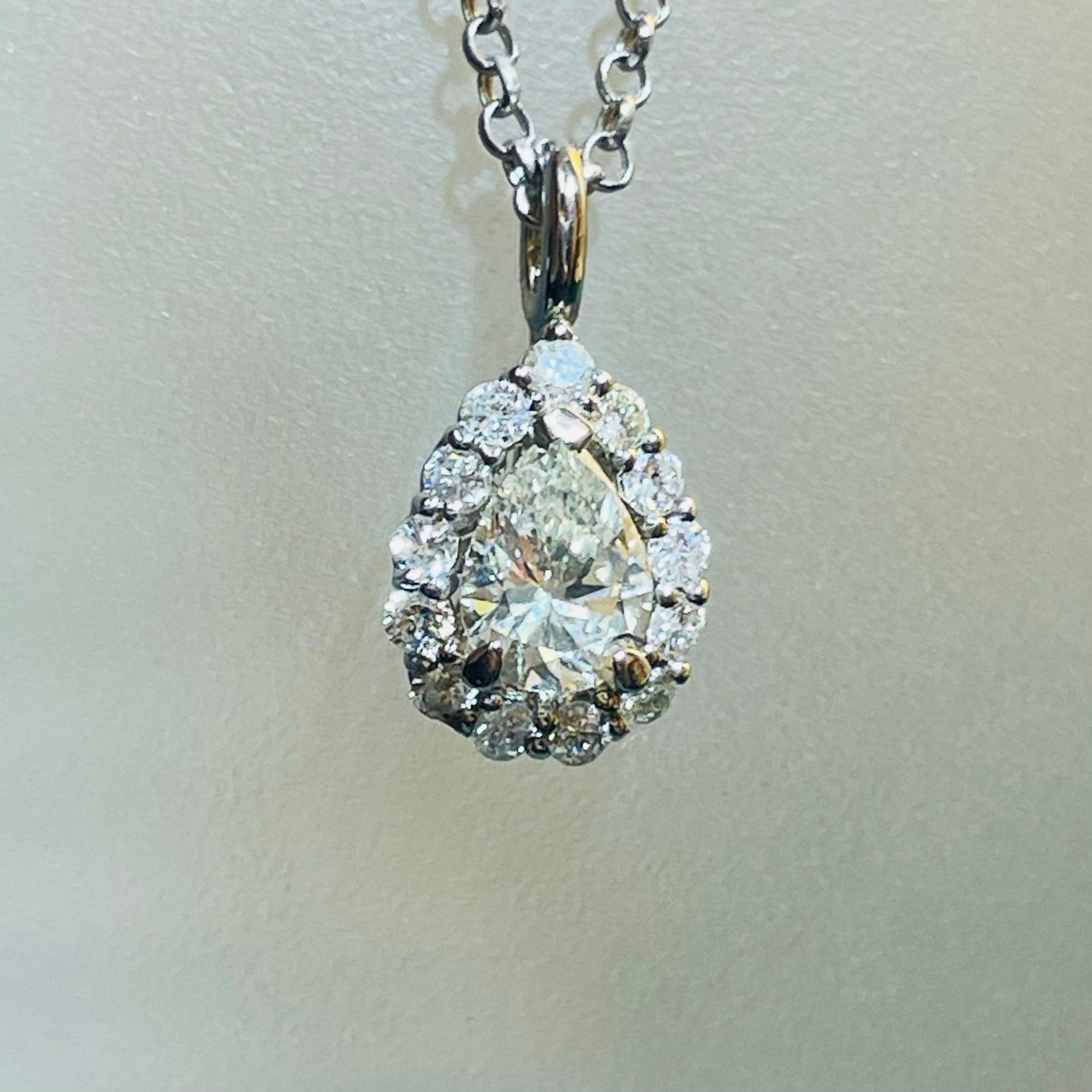 Natural GIA Certified Pear Diamond Halo Pendant in 14K White Gold