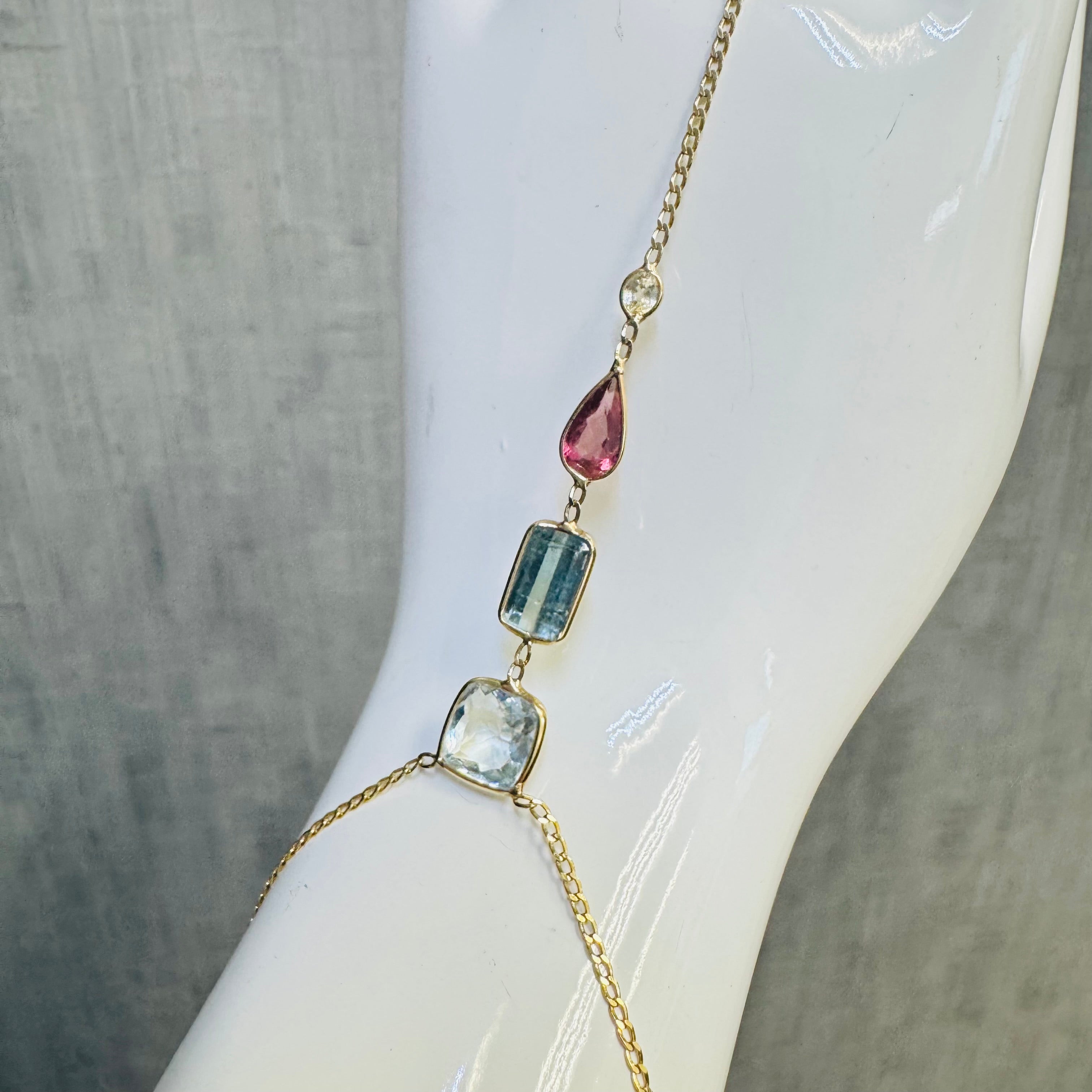 14K Yellow Gold Sapphire Aquamarine Tourmaline Handchain