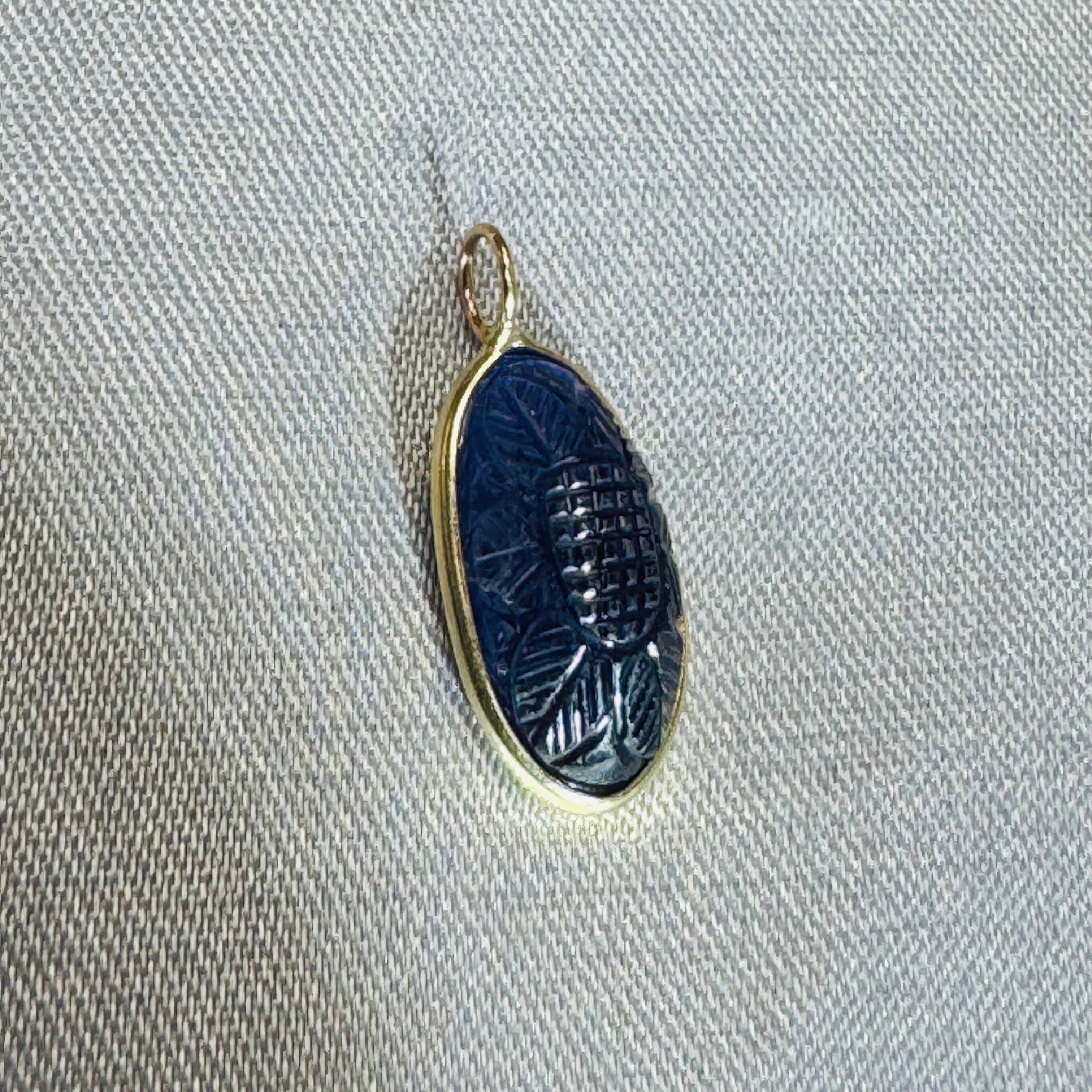 Carved Blue Iolite Pendant 14K Yellow Gold