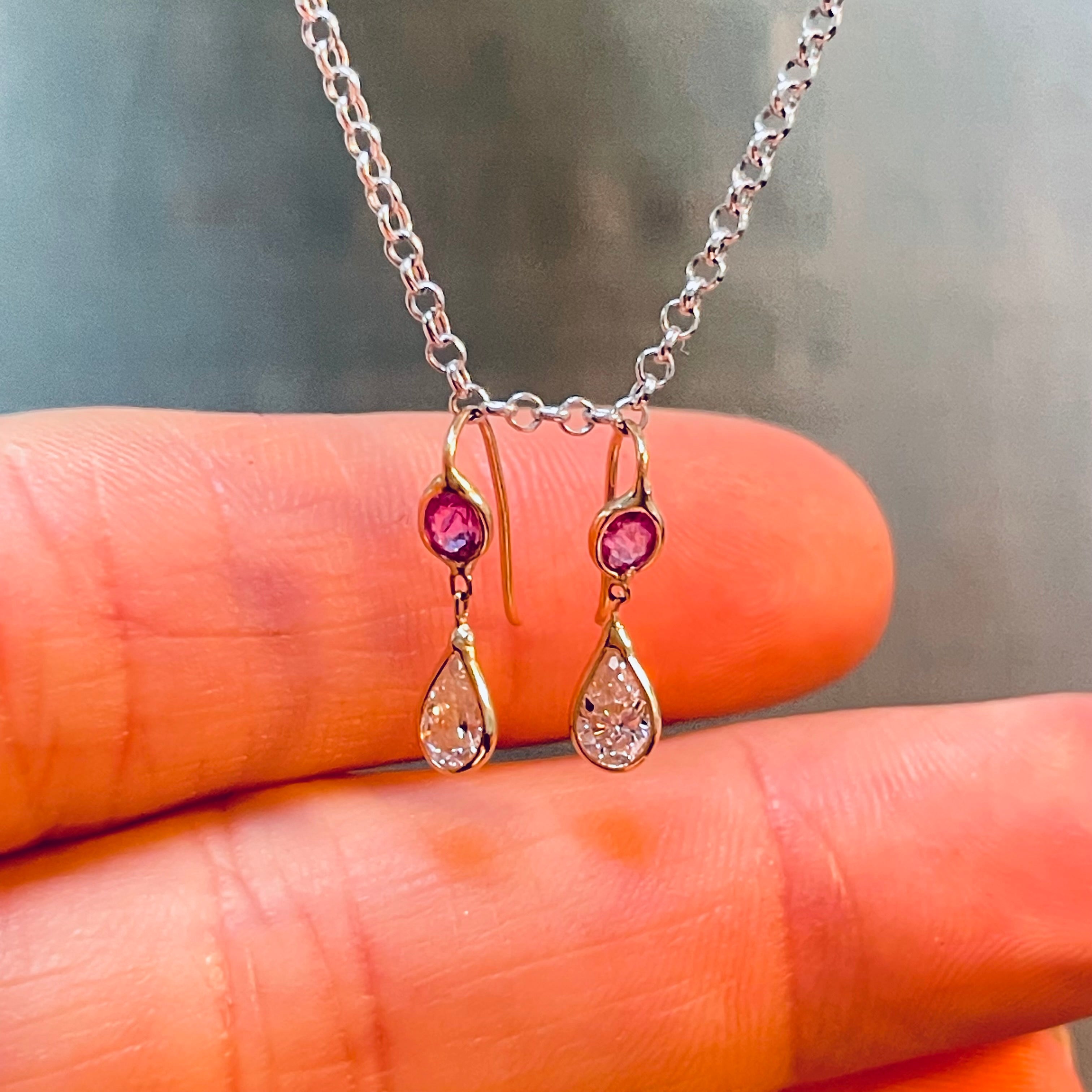 Diamond Bezeled Pear and Pink Sapphire 14K Yellow  Gold Dangling Earrings