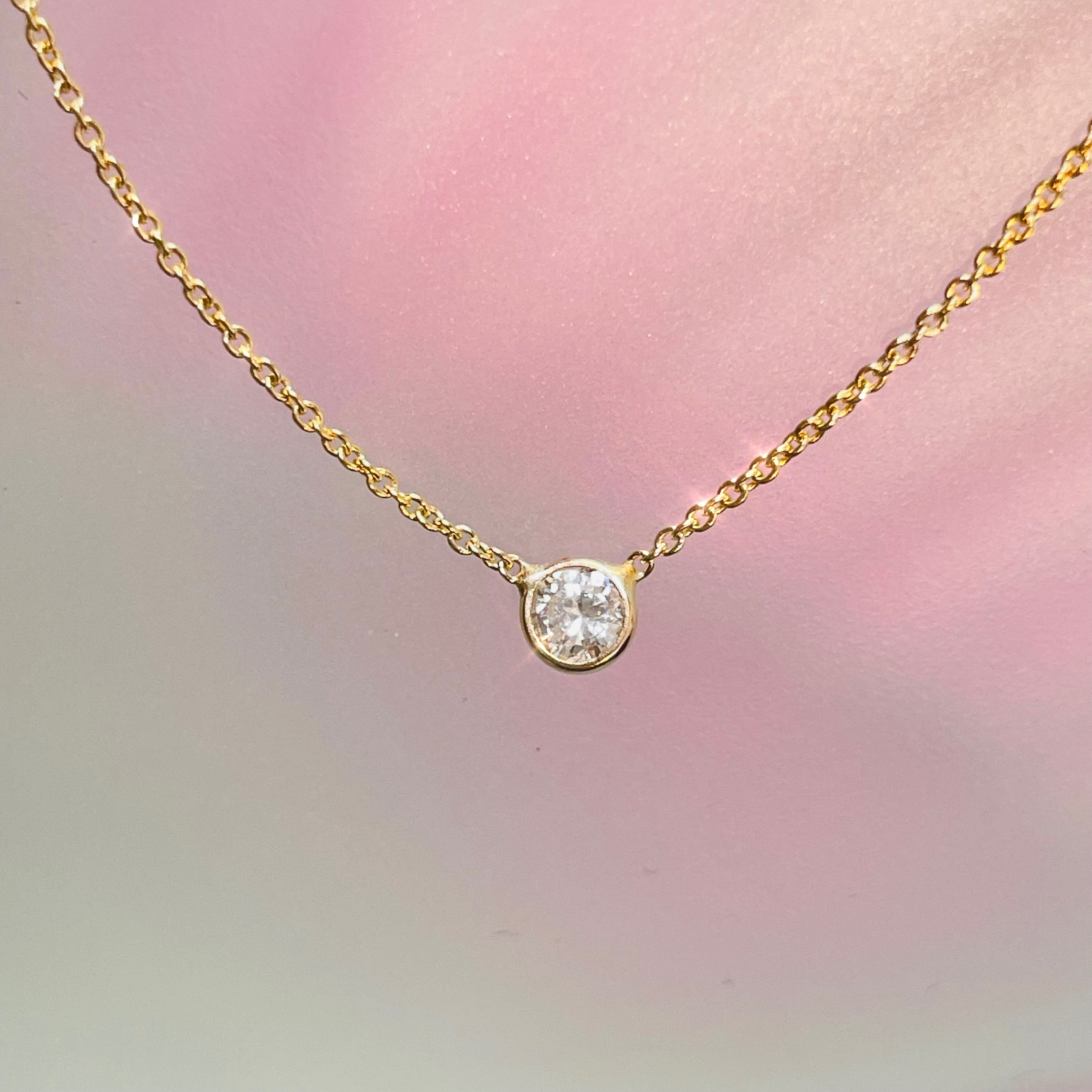 .15CT Natural Round Diamond 14K Yellow Gold Solitaire Necklace 18”