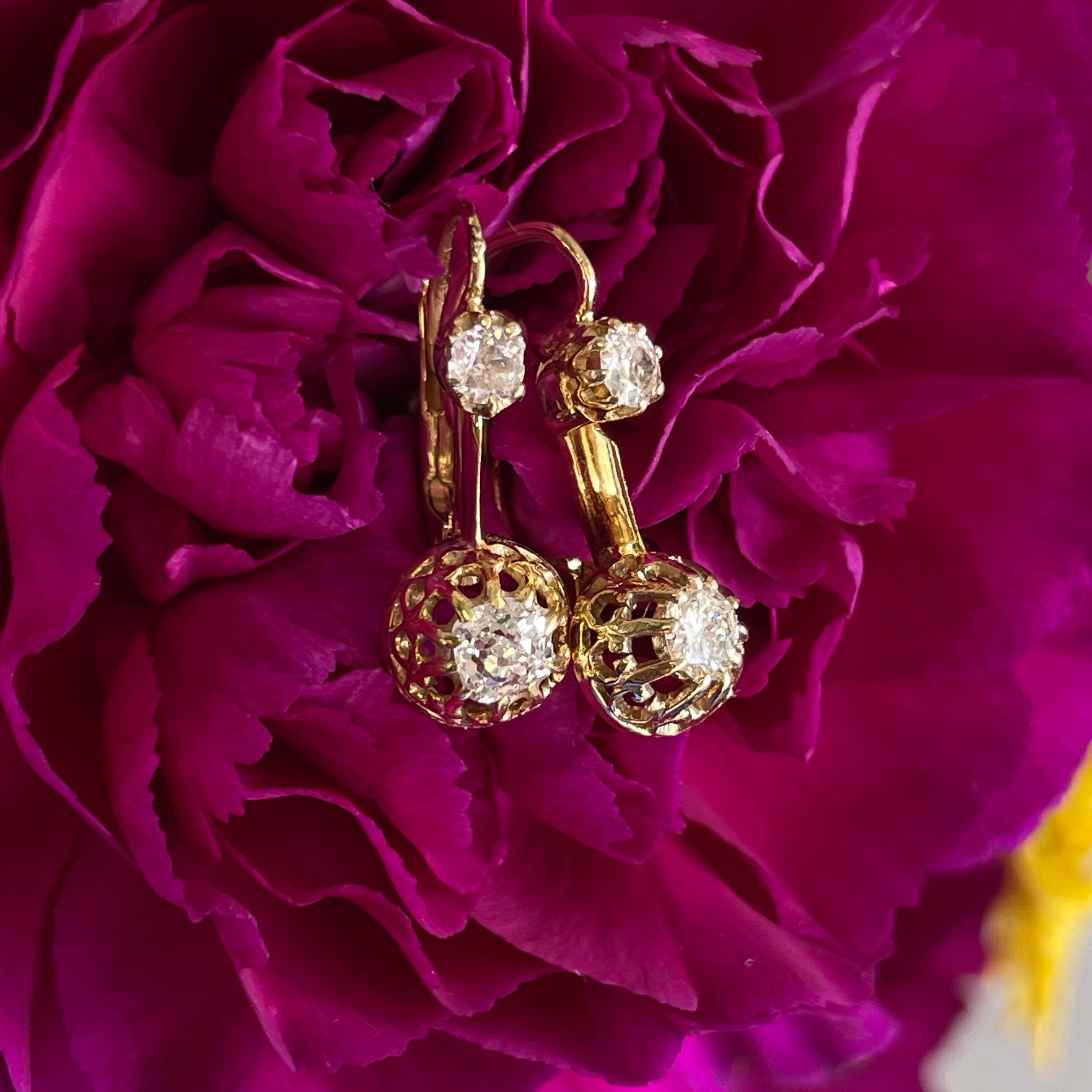 Old Mine Cut Diamond 18K Yellow Gold Antique Victorian Leverback Earrings
