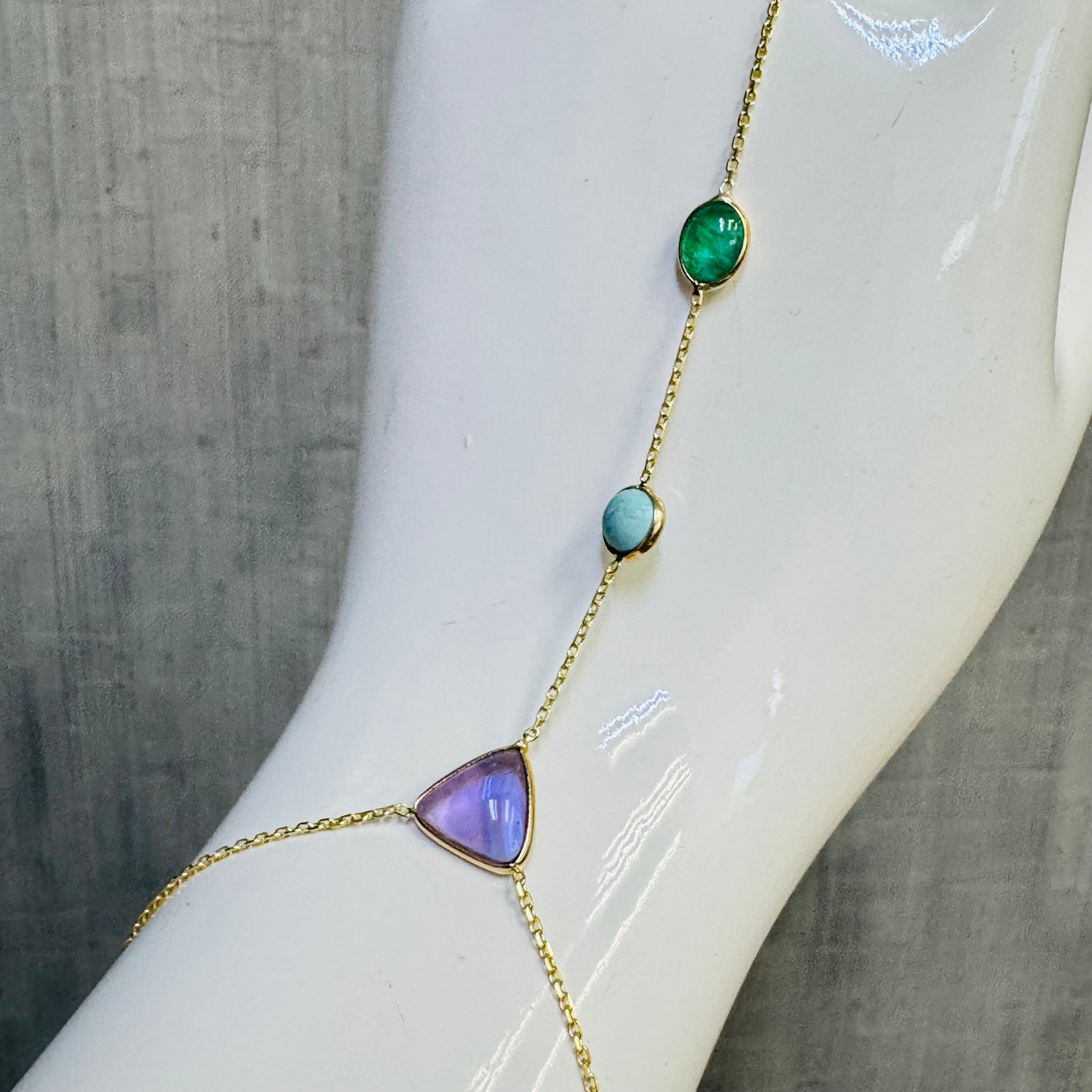 Emerald Turquoise Amethyst Cabochon 14K Yellow Gold Handchain