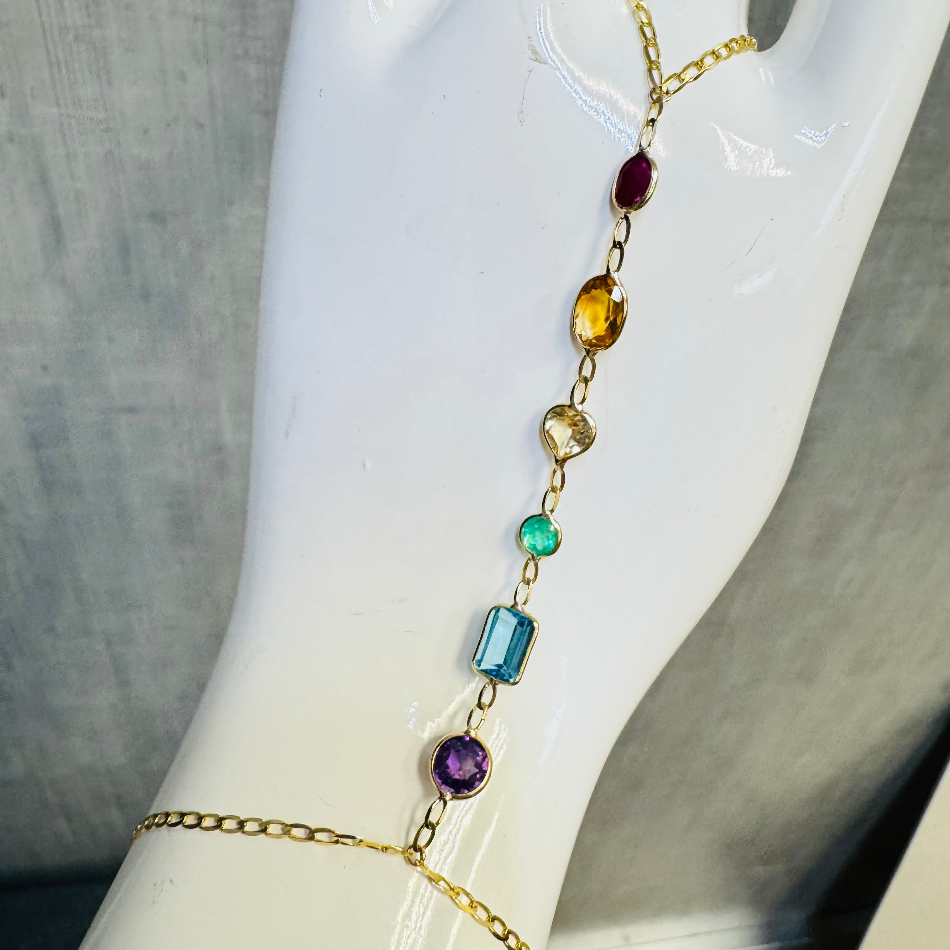 14K Yellow Gold Rainbow Gem Handchain