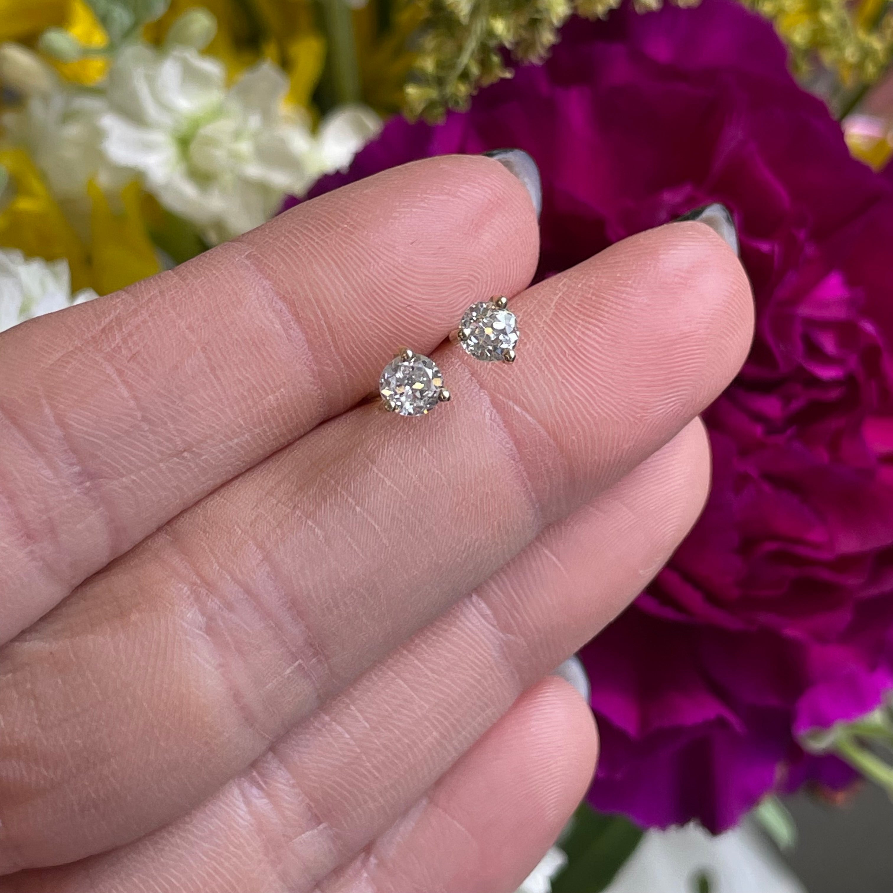 .64CTW Round Old Mine Diamond Stud Earrings 14K Yellow Gold