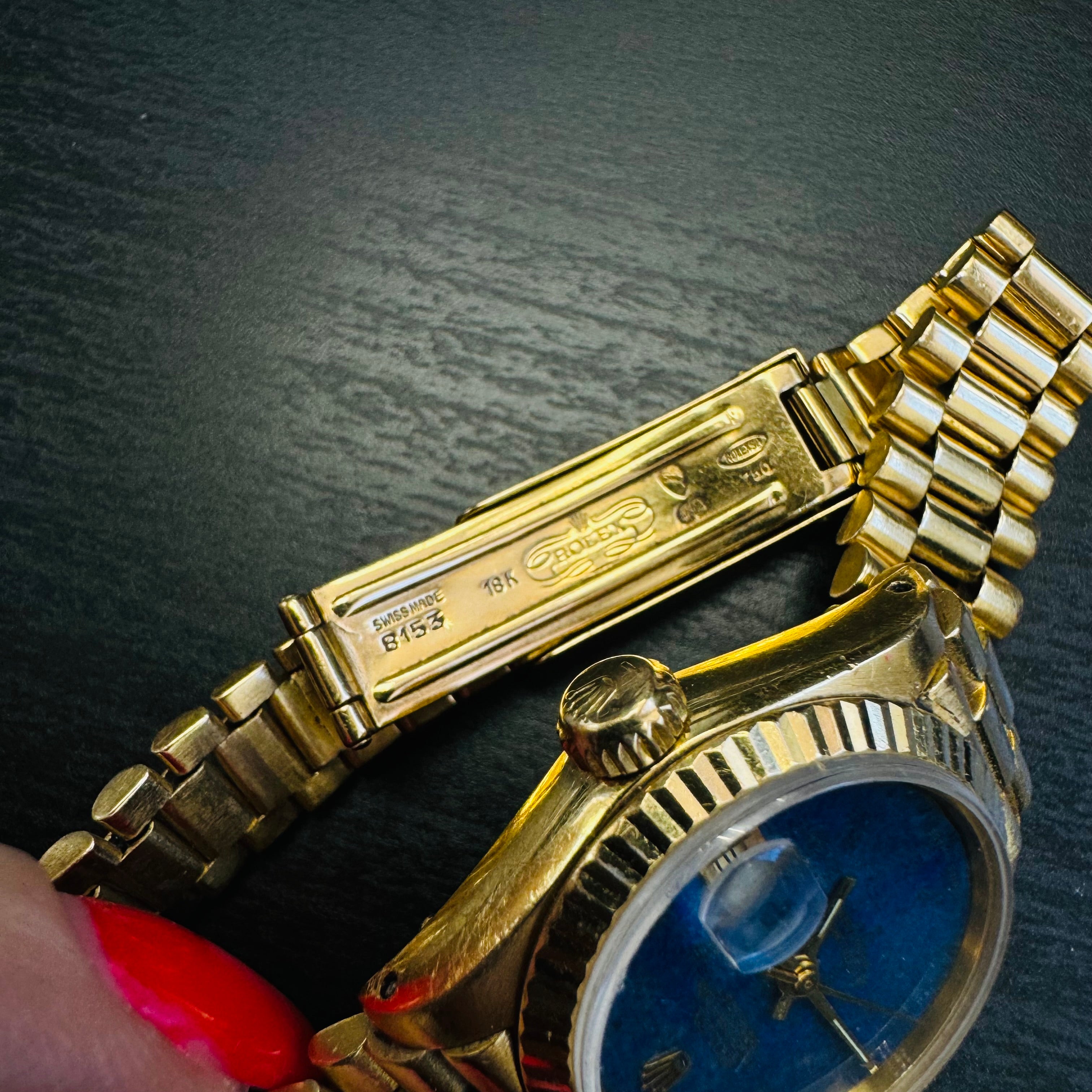 26mm 18K Yellow Gold Vintage Ladies Presidential Rolex Wristwatch with Lapis Diamond DialWatch 1979