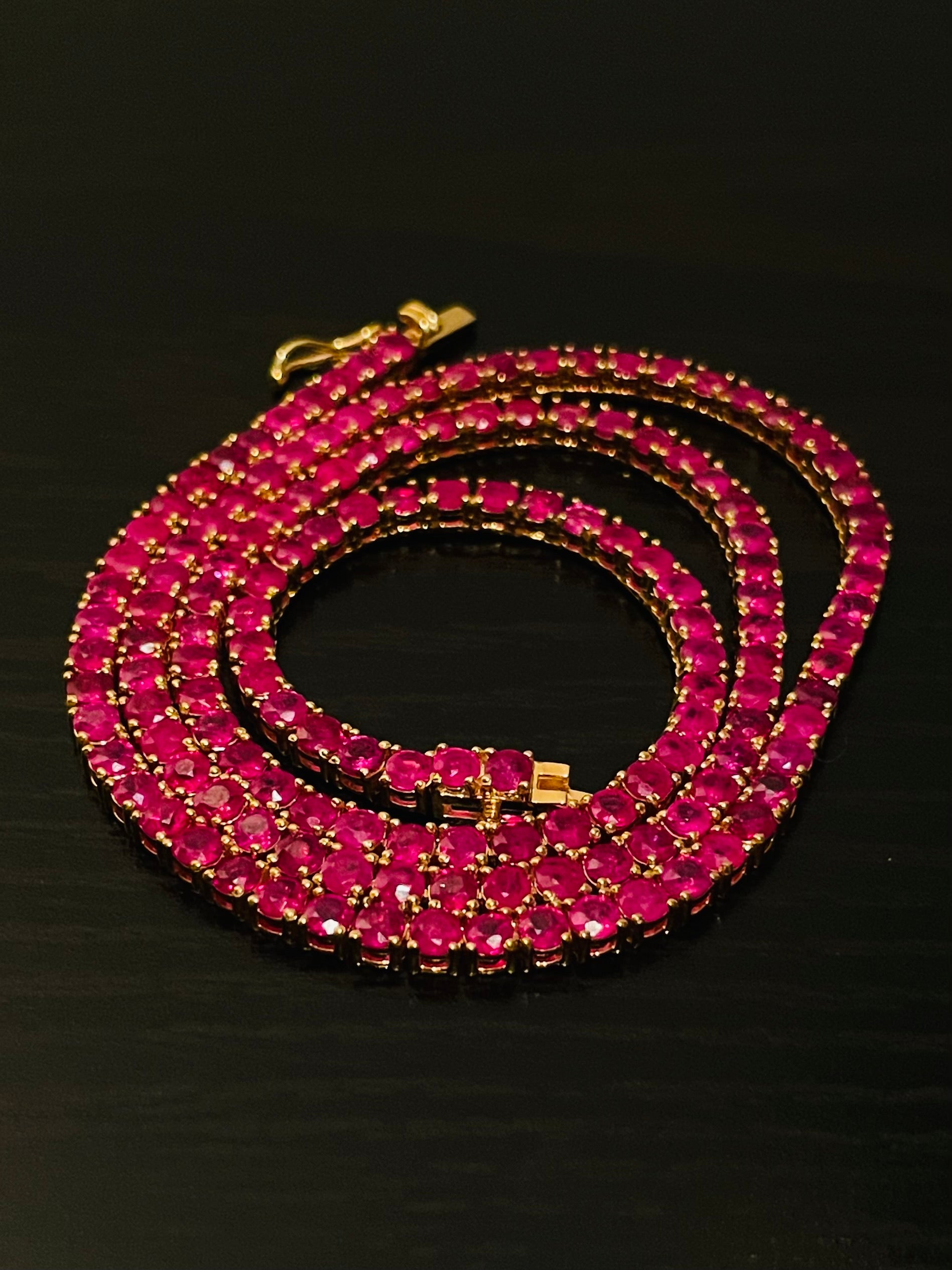 Natural Ruby 14K Yellow Gold Tennis Necklace 25.5ctw