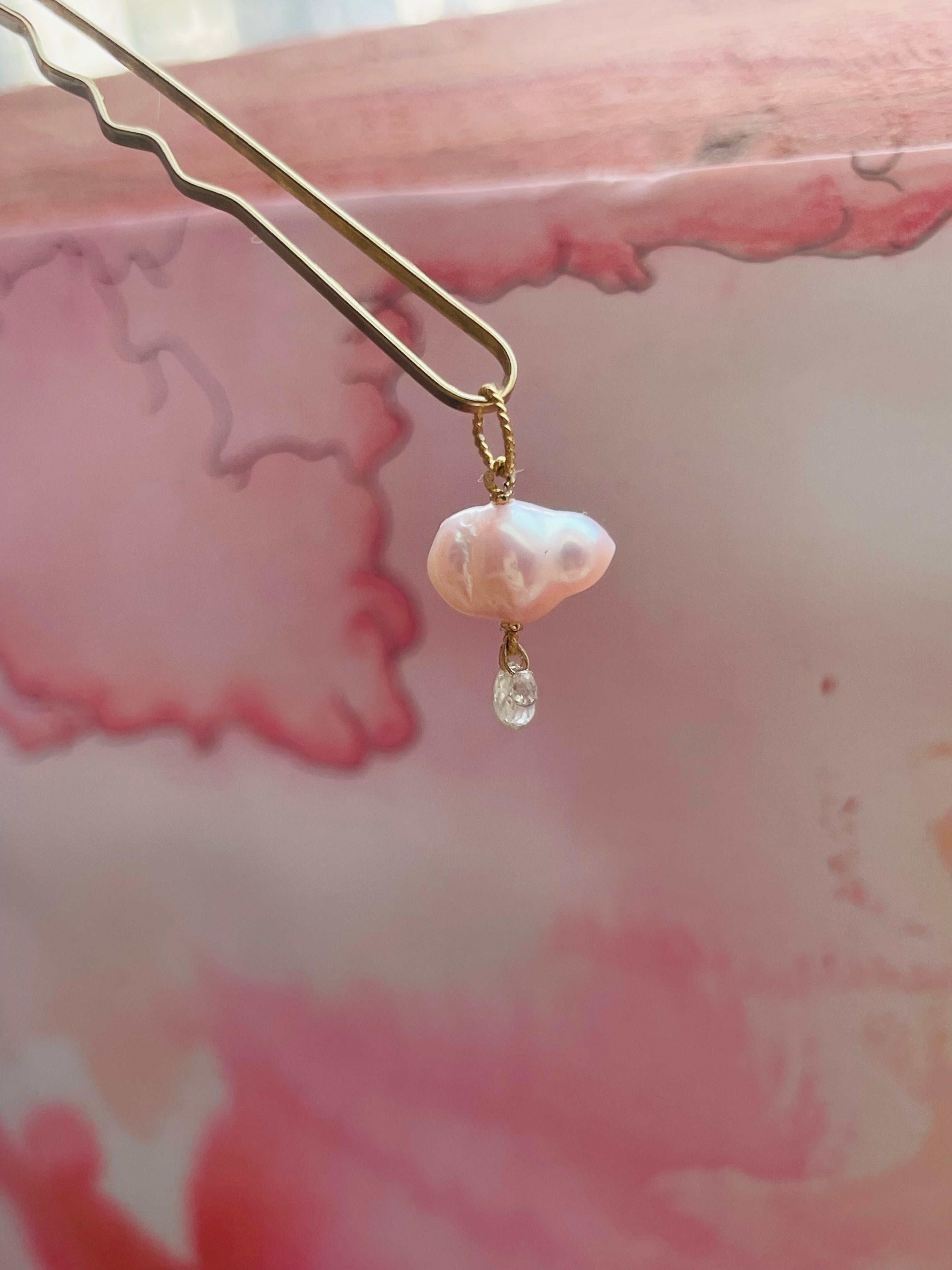 Pink Japanese Pearl and Briolette Diamond Cloud Charm