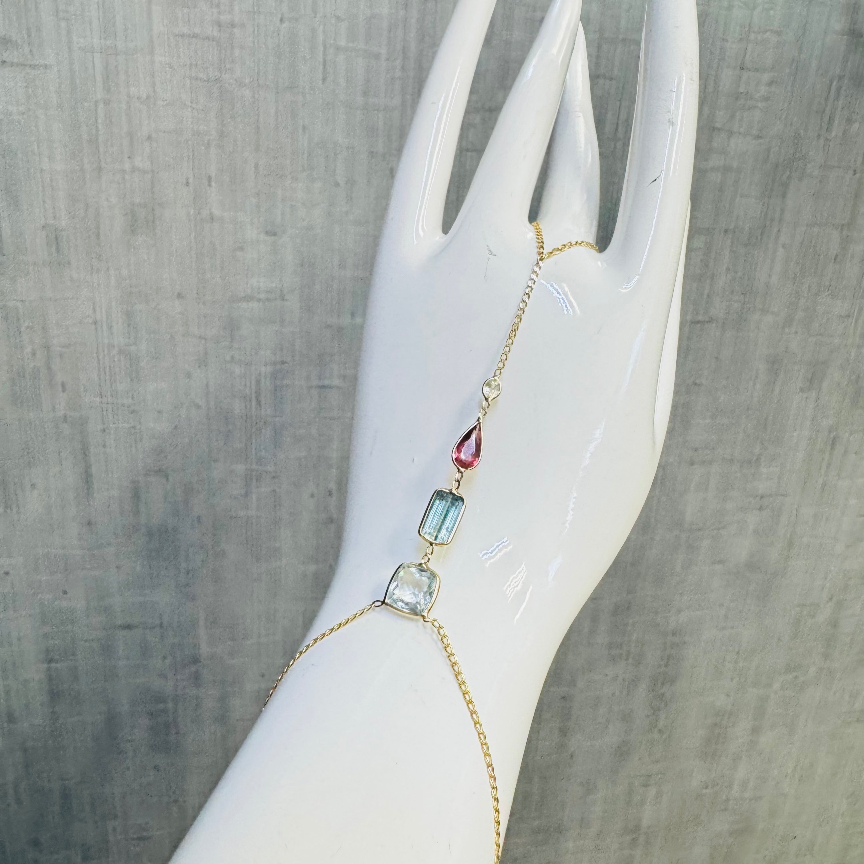 14K Yellow Gold Sapphire Aquamarine Tourmaline Handchain