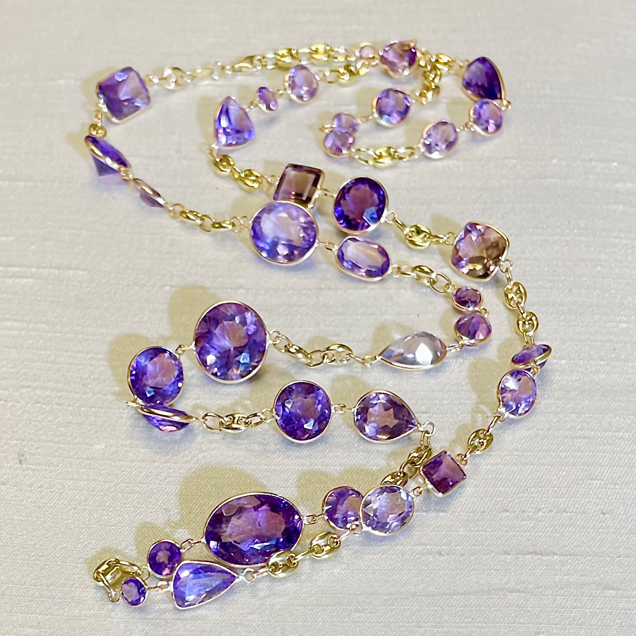36" Long Solid 14K Yellow Gold 104CT Natural Multi Shape Amethyst Long Gemstone
