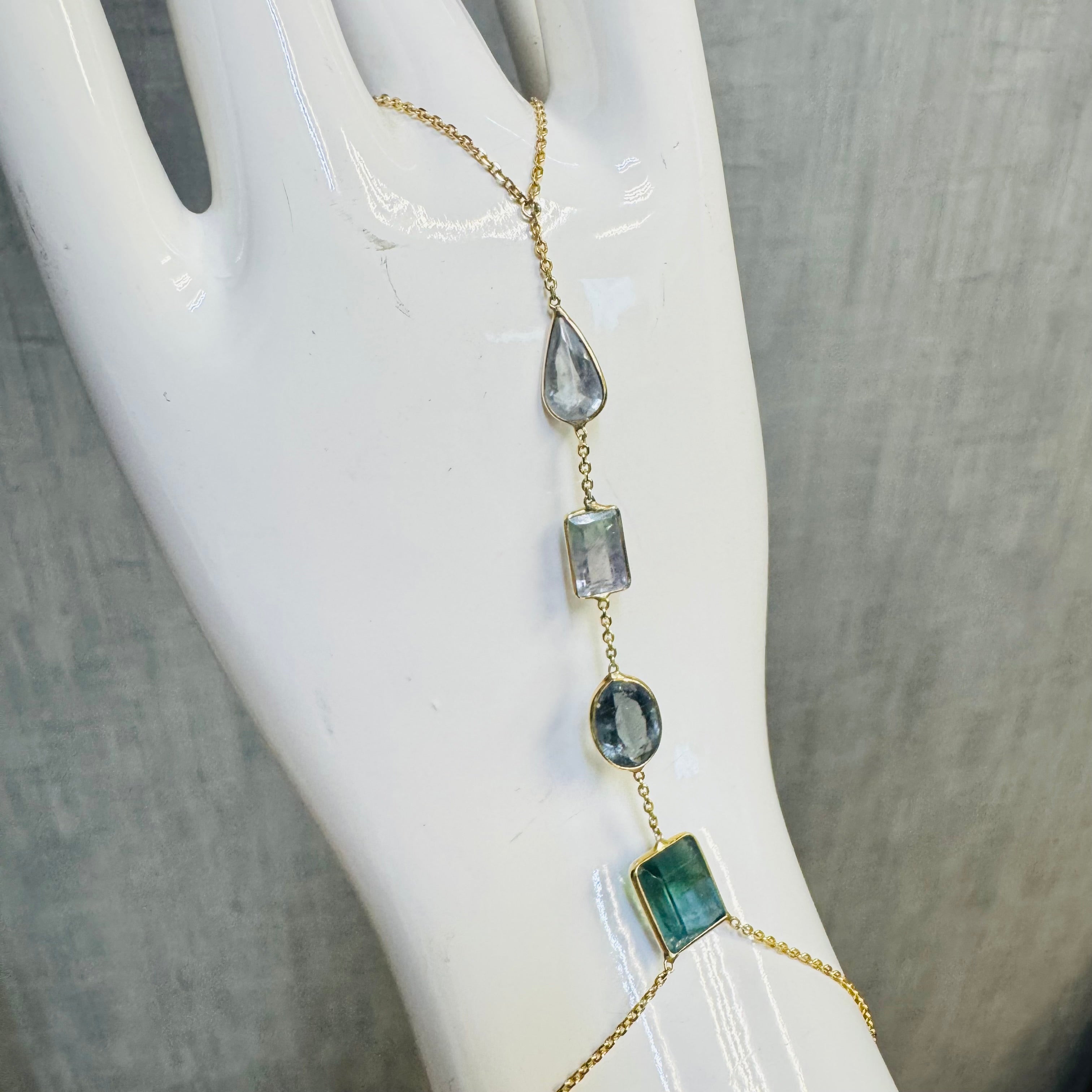 14K Yellow Gold Ombre Teal Tourmaline Handchain