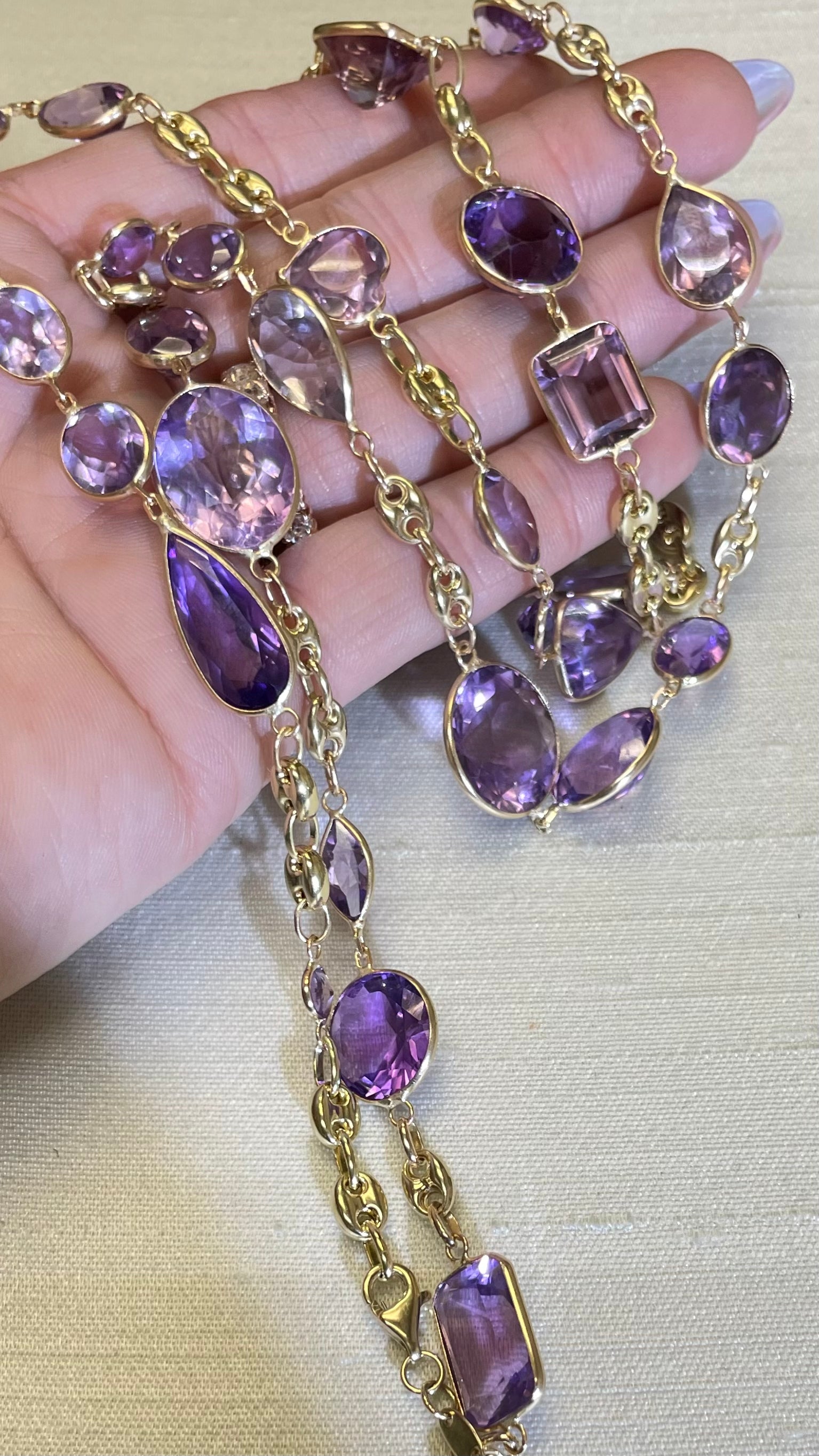 36" Long Solid 14K Yellow Gold 104CT Natural Multi Shape Amethyst Long Gemstone